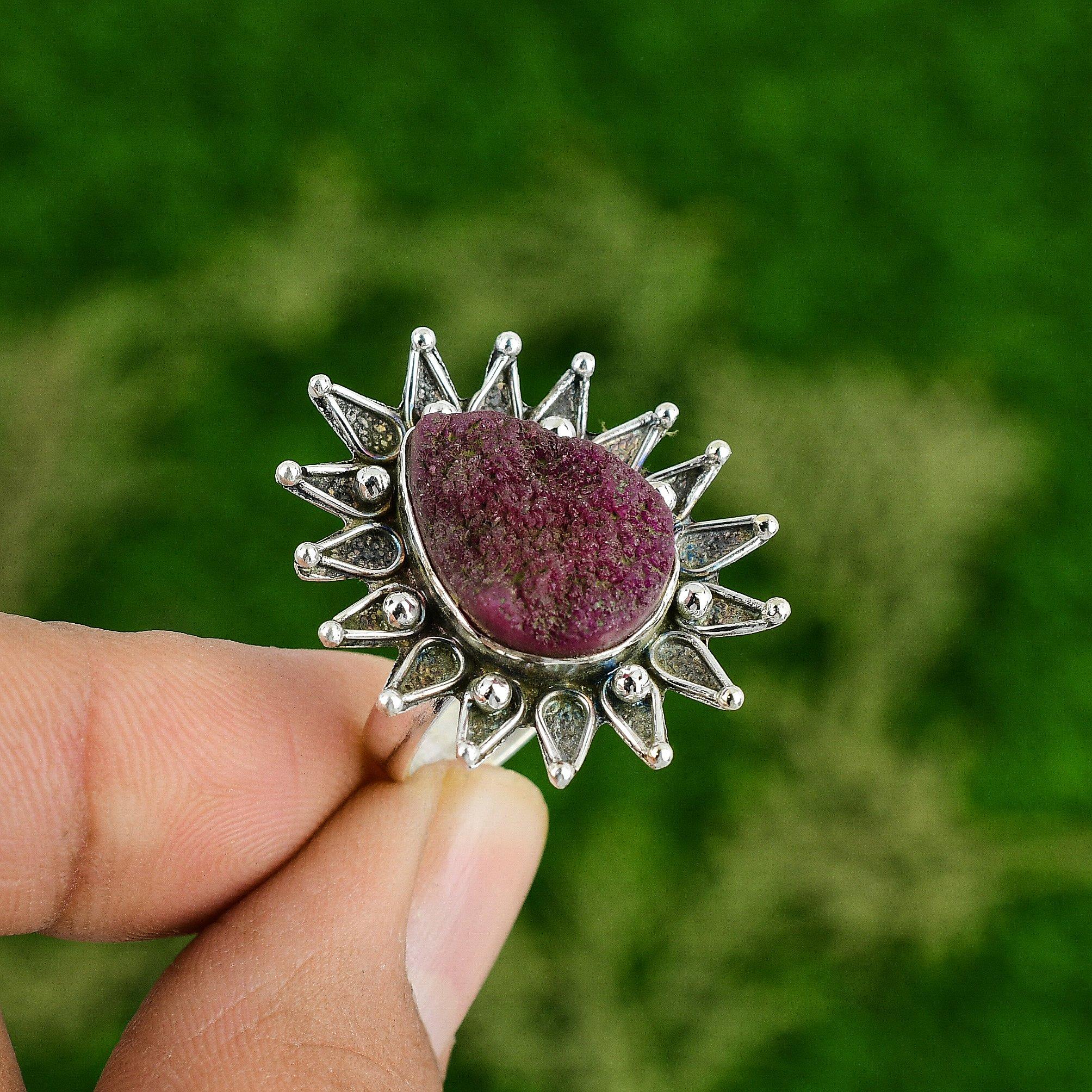 Natural Druzy Gemstone Stackable Pink Adjustable Ring 925 Sterling Silver