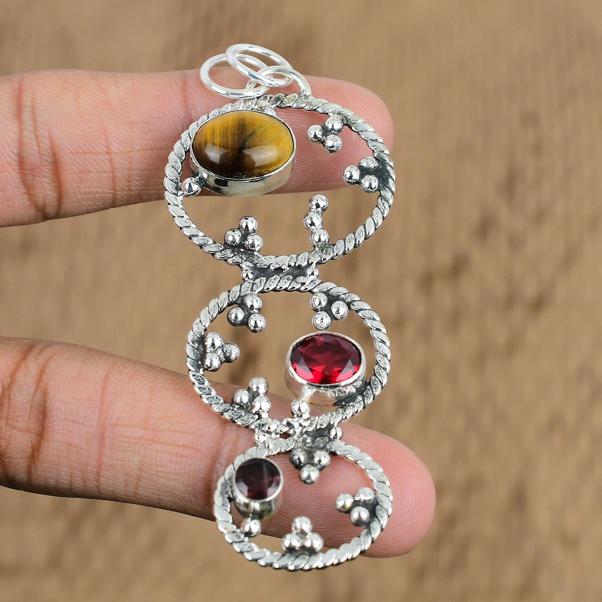 Oval Tiger's Eye Stone Mozambique Garnet Anniversary Pendant 925 Sterling Silver