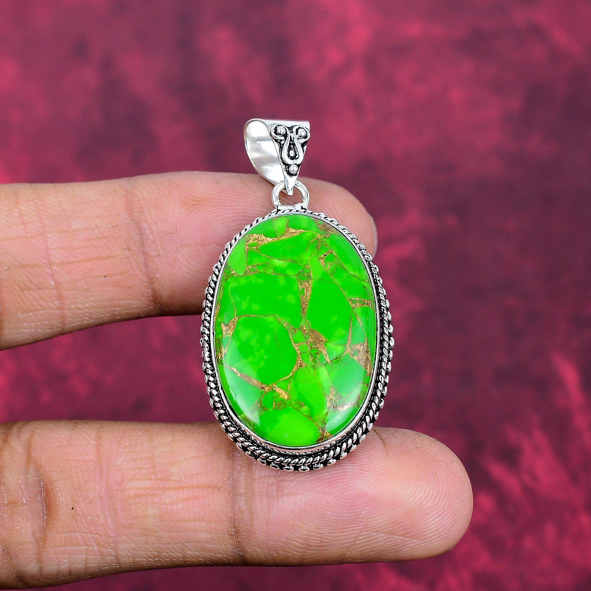 Grüner Türkisanhänger aus Kupfer, 925er Sterlingsilberschmuck, Edelsteinanhänger, Geschenk für sie, handgefertigter zierlicher Schmuck