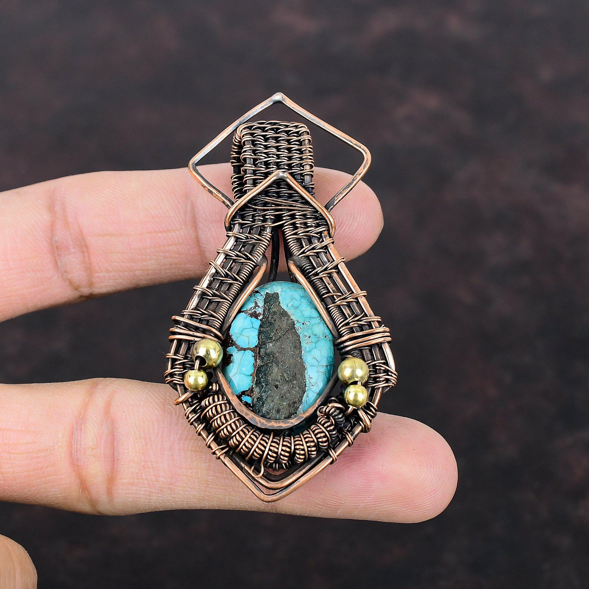 Tibetan Turquoise Pendant Copper Wire Wrapped Pendant Stylish Pendant Handmade Wire Wrapped Jewelry Gemstone Pendant For Gift Copper Jewelry