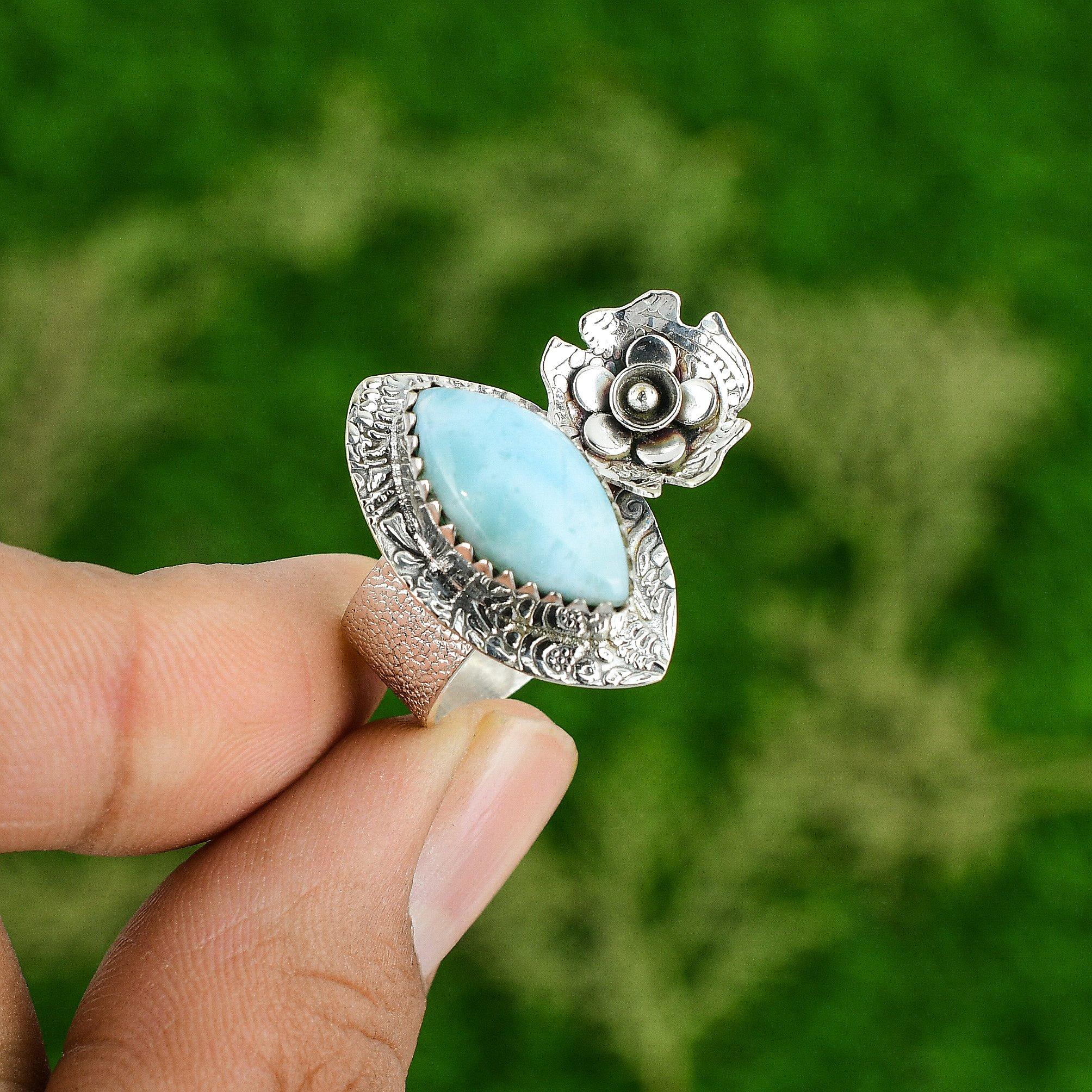 Birthday Gift For Her Natural Larimar Promise Flower Ring Size 7 925 Silver