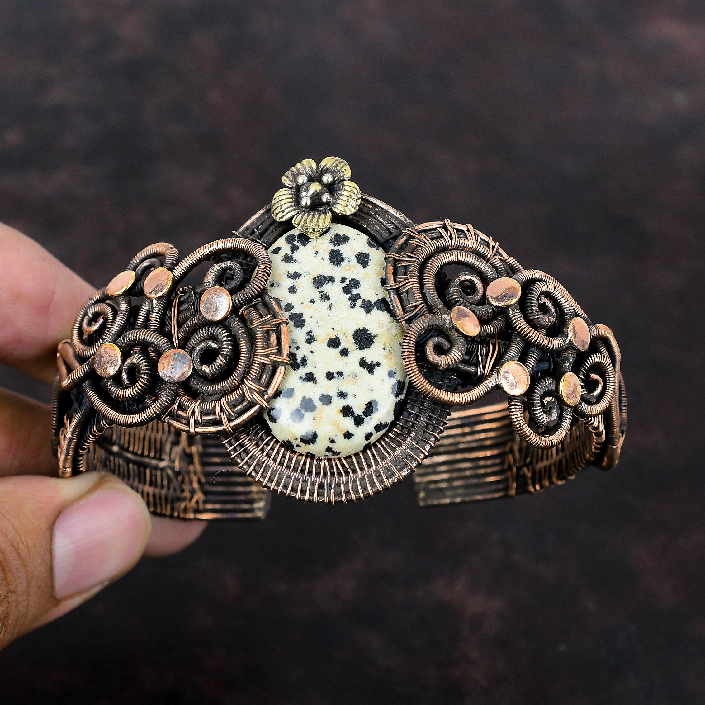 Dalmatian Jasper Gemstone Bangle Copper Wire Wrapped Cuff Bracelet Adjustable Bangle Handmade Copper Jewelry Flower Cuff Bracelet For Gift