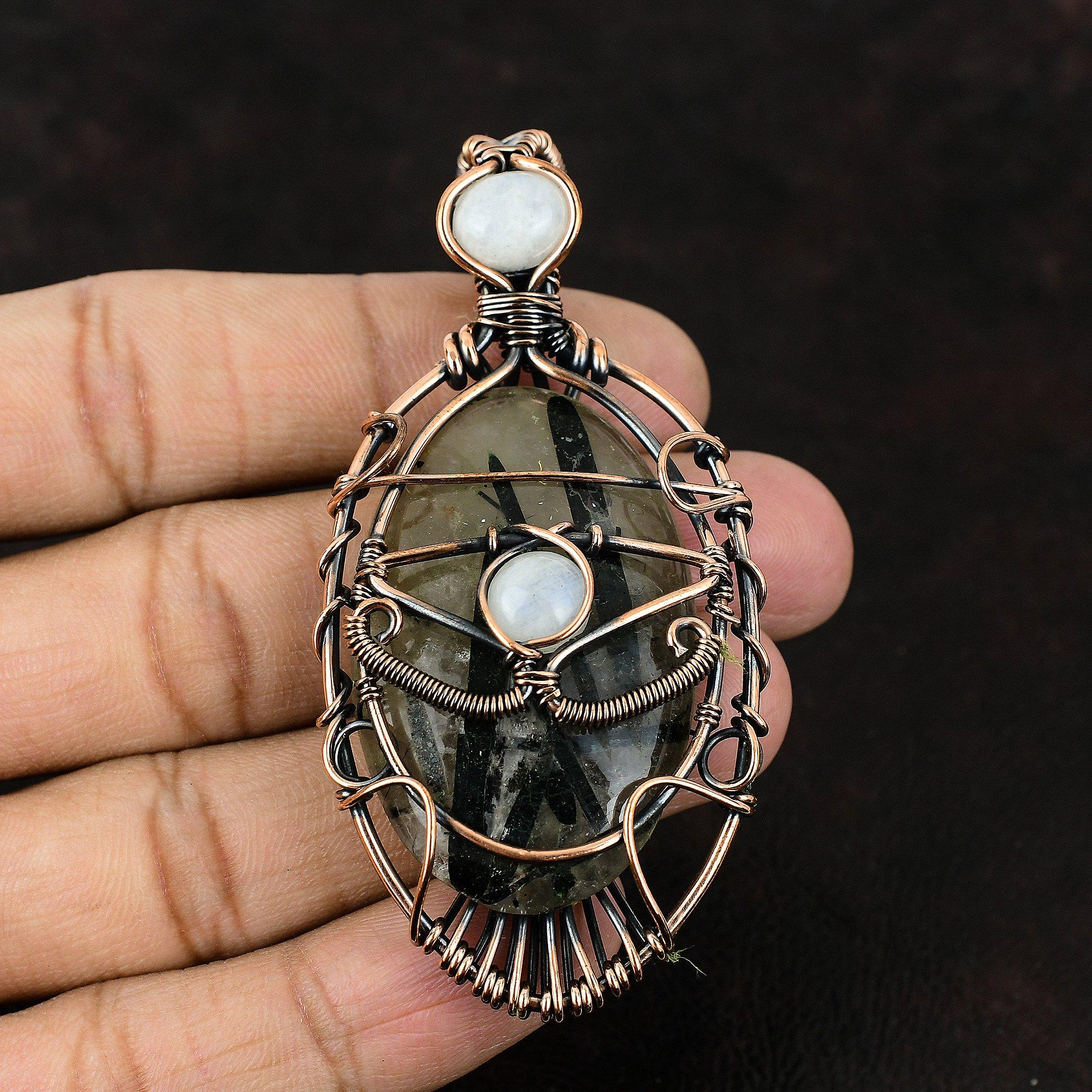 Evil Eye Black Rutile Copper Pendant Copper Wire Wrapped Jewelry Black Rutile Jewelry Moonstone Evil Eye Pendant Handmade Designer Pendant