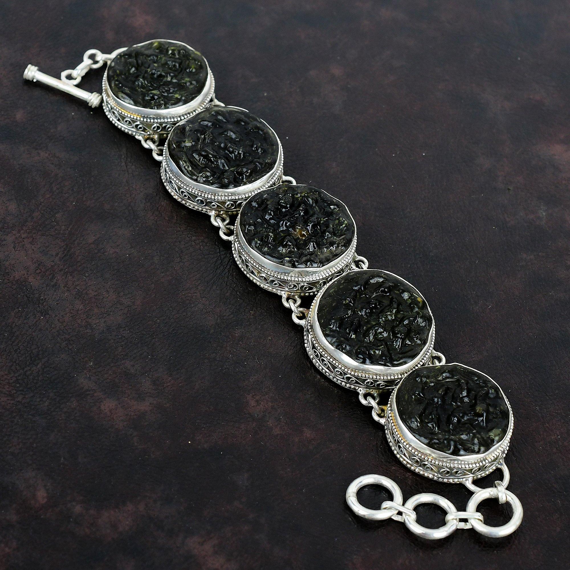 Moldavite Gemstone Bracelet Vintage Jewelry 925 Sterling Silver Bracelet Handmade Designer Bracelet Adjustable Chain Bracelet Gift For Women
