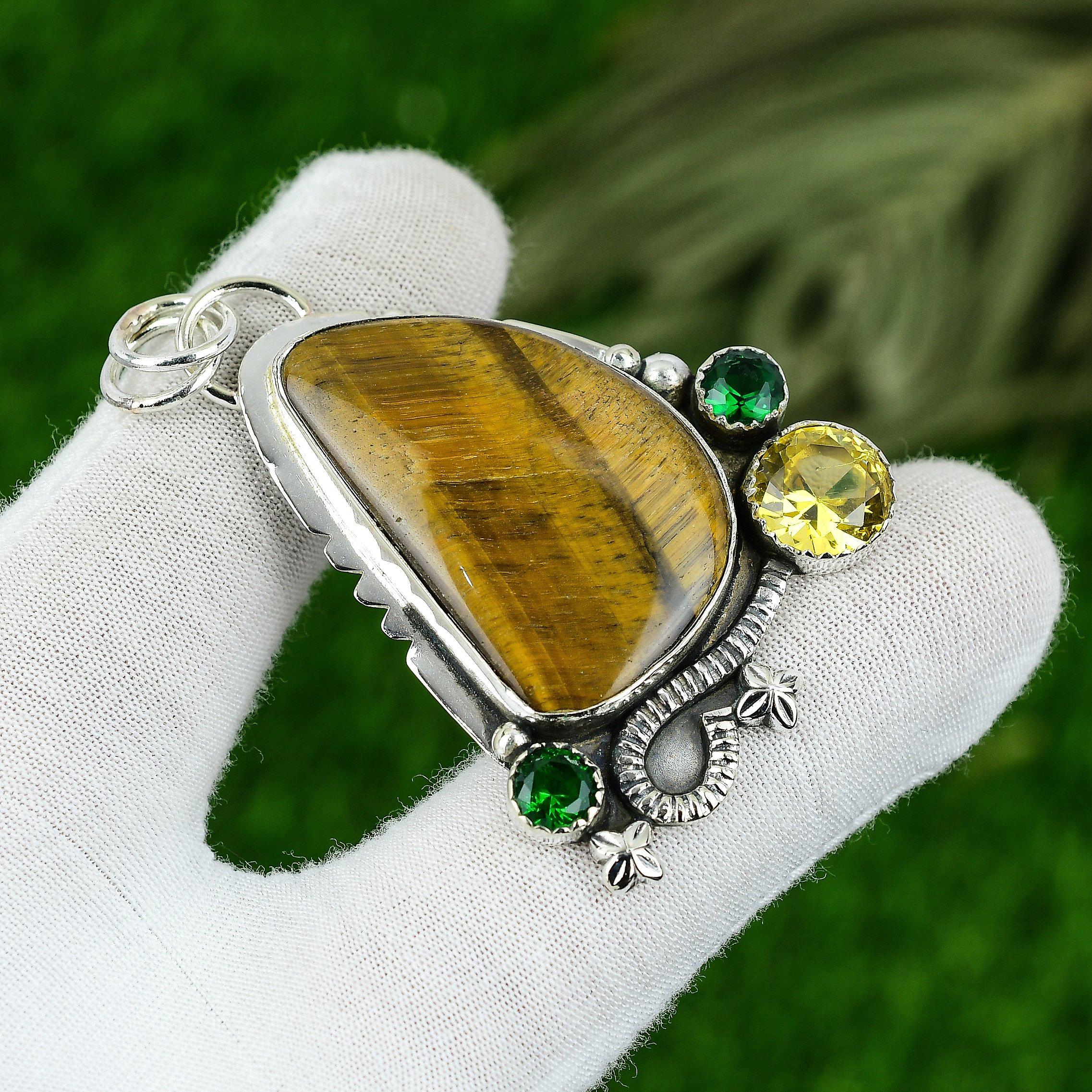 Natural Tiger Eye Gemstone Pendant Yellow 925 Sterling Silver Indian Jewelry
