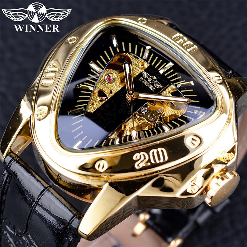 Winner Orologio Da Polso Meccanico Uomo – Quadrante Scheletrato A Triangolo, Movimento Automatico, Cinturino In Pelle, Cassa In Acciaio, Impermeabile