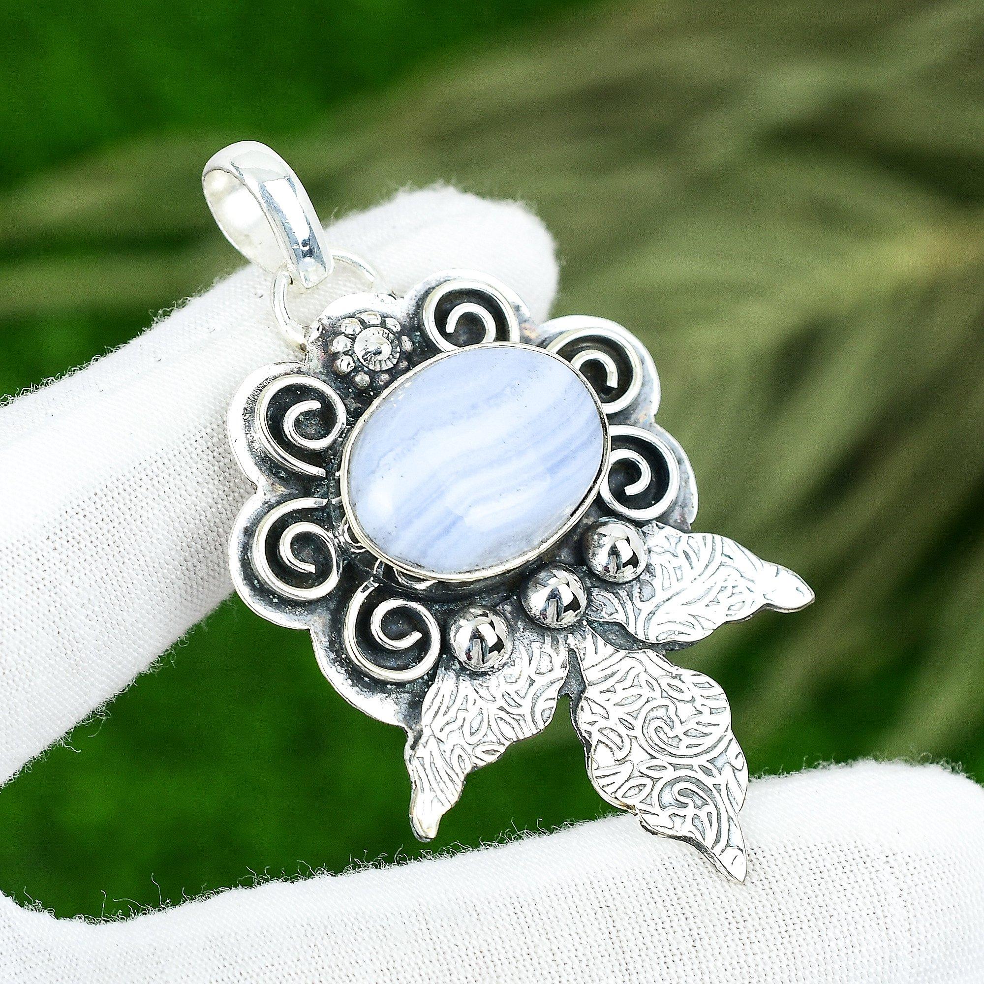 Sisters Day Deal Blue Lace Agate Gemstone Mother Pendant Jewelry Sterling Silver