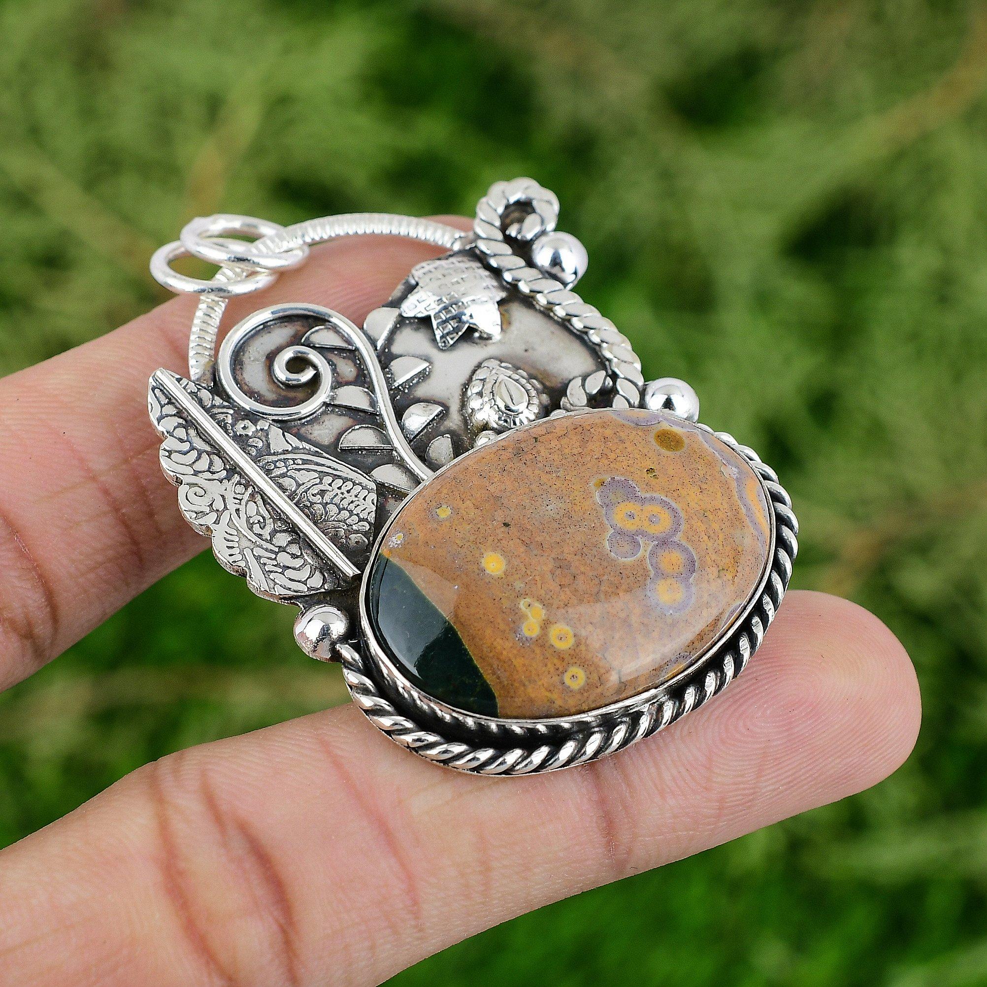 Oval Ocean Jasper Stone Mother Birthday New Pendant Jewelry 925 Sterling Silver