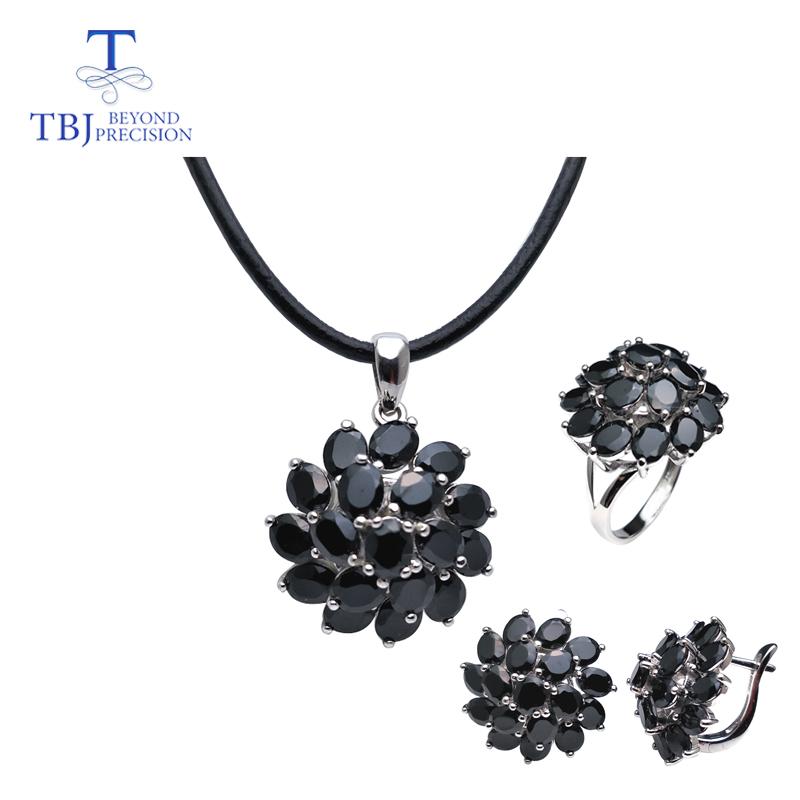 Natural Black Spinel Gemstone Fine Jewelry Set 925 Sterling Silver Best Ring Pendant Earring for Women Daily Party Wear