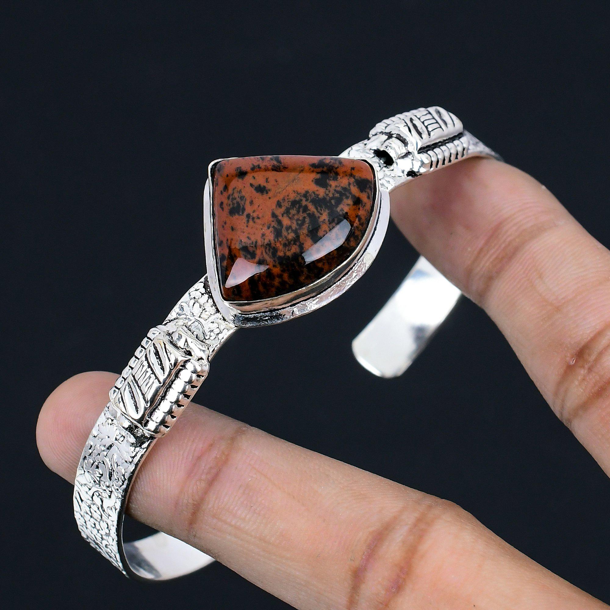 Sterling Silver Trillion Natural Mahogany Obsidian Daughter Boho Bangle Jewelry
