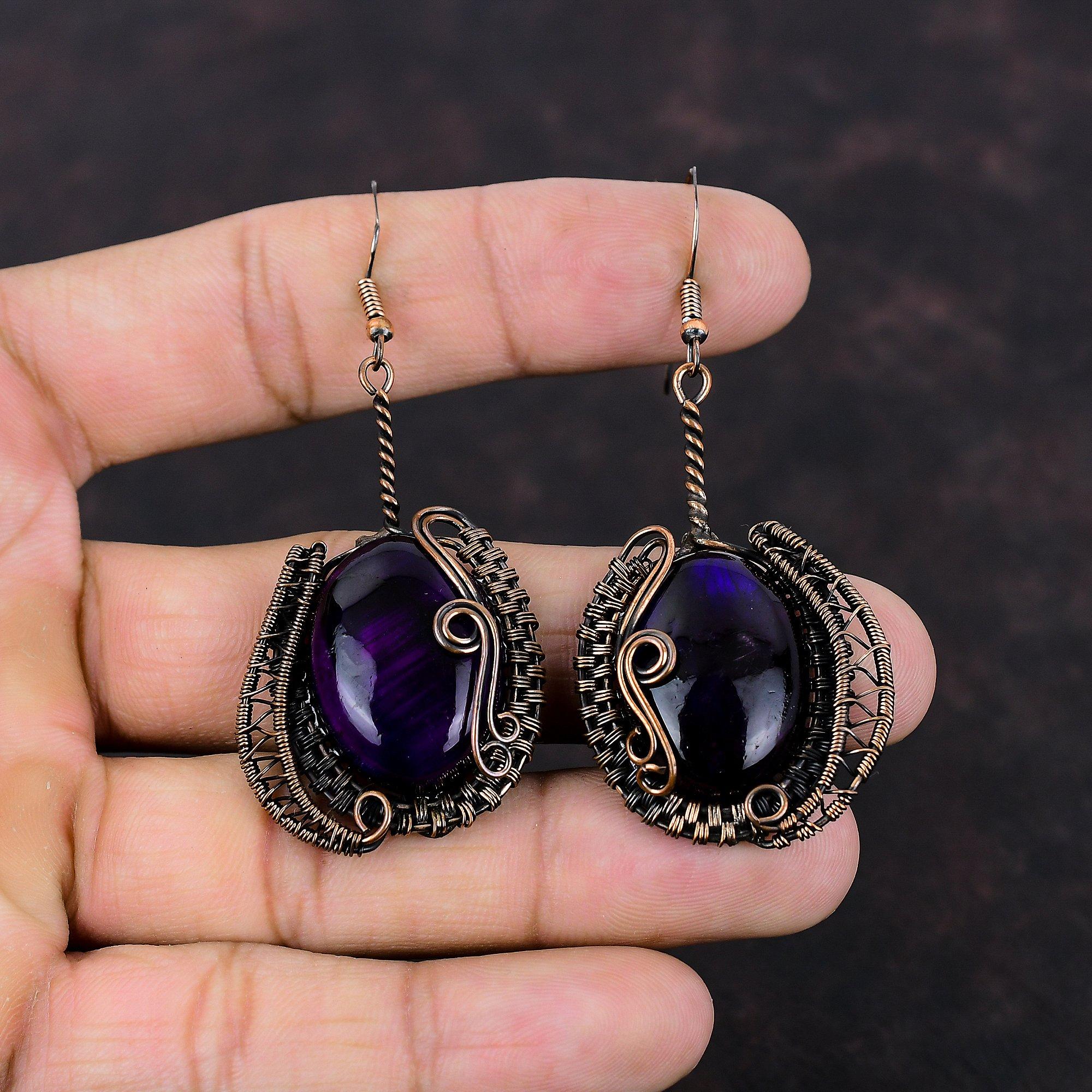 Purple Fire Labradorite Earring Copper Wire Wrapped Earring Gemstone Jewelry Handmade Earrings Copper Wire Jewelry Designer Earring For Gift