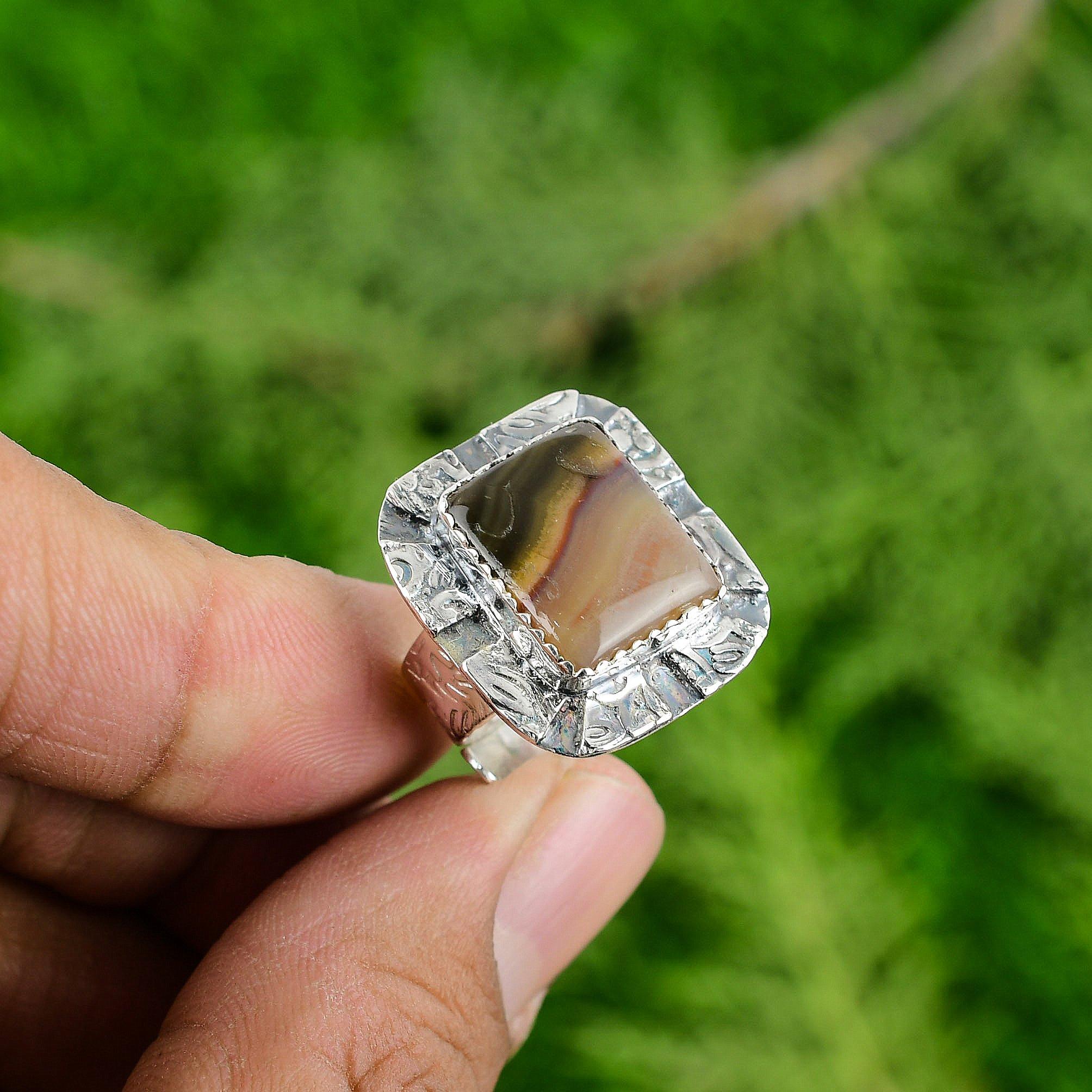 925 Sterling Silver Radiant Botswana Agate Stone Statement Bezel Ring Jewelry