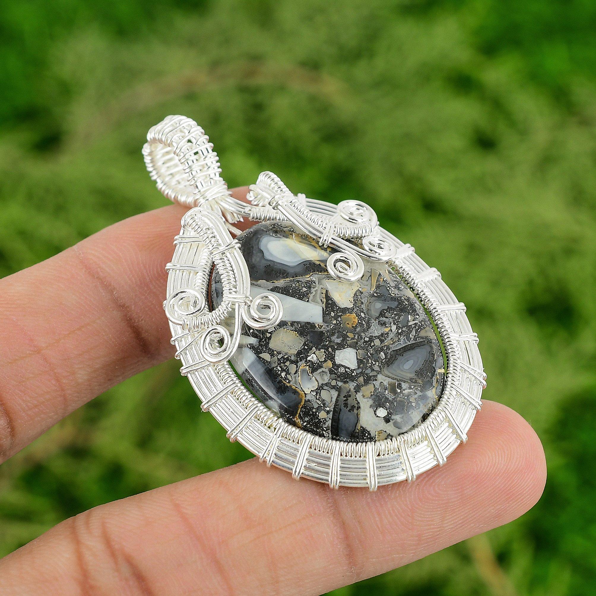 Natural Maligano Jasper Wife Bezel Wire Wrapped Pendant Jewelry Sterling Silver