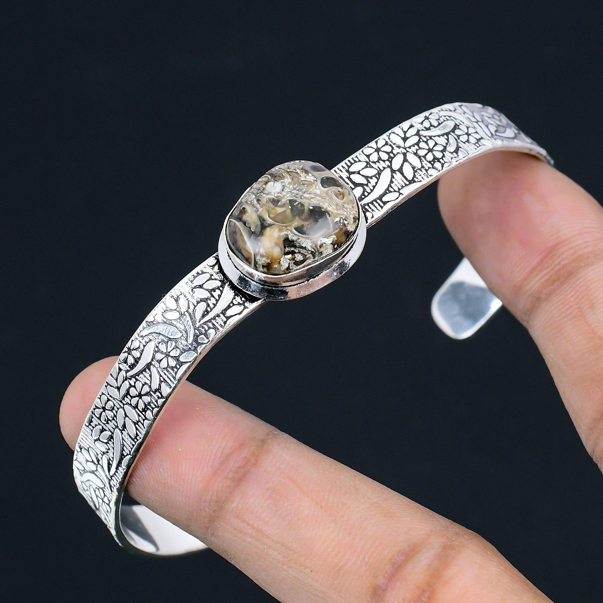 Halloween Deal Turritella Agate Gemstone 925 Silver Birthday Boho Bangle Jewelry