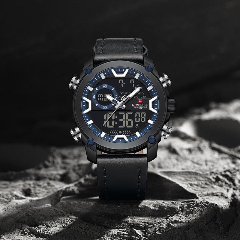 NAVIFORCE Original Men Quartz LCD Digital Watch Leather Strap Waterproof Luminous Pointer Calendar Date Men Boys Casual Watch NF9261