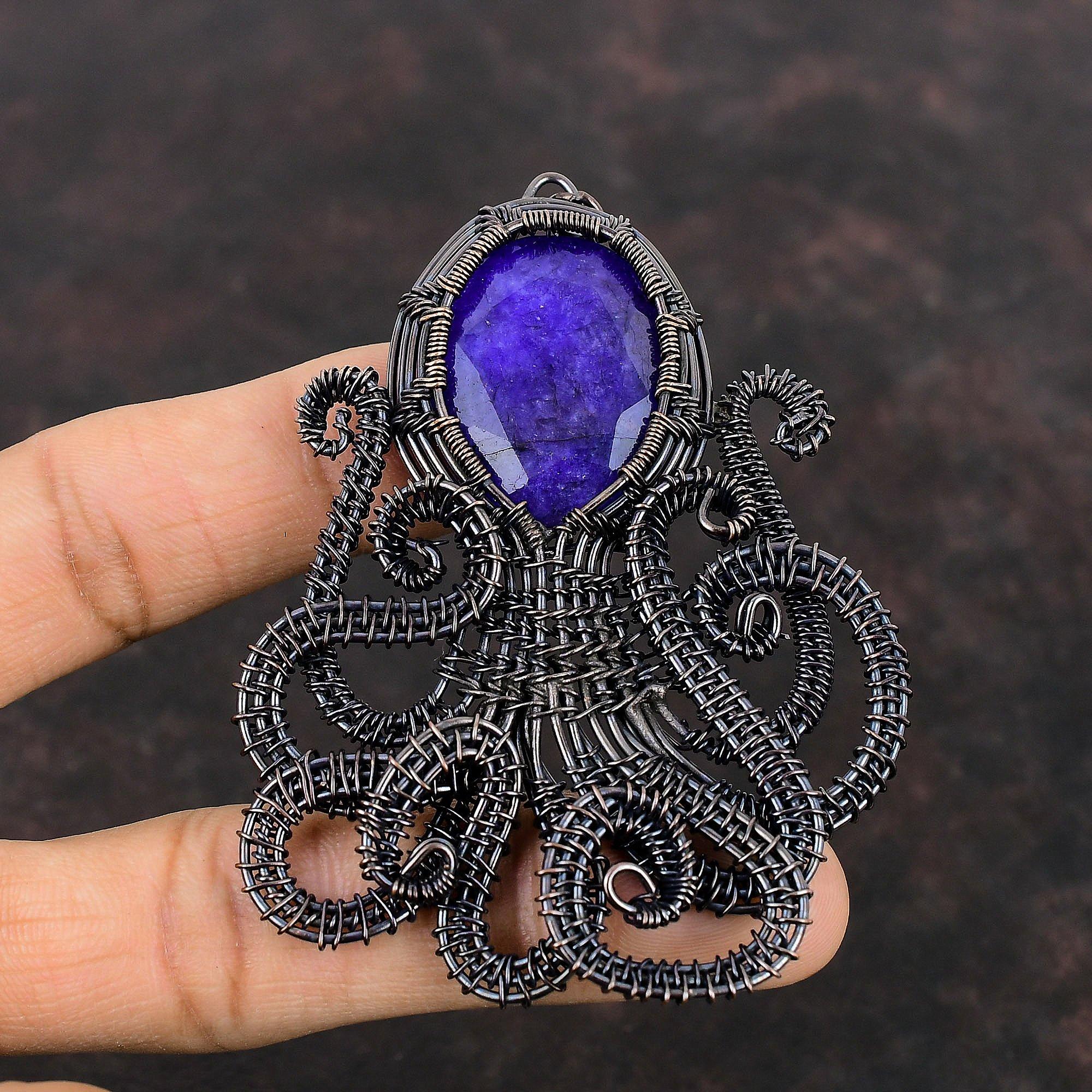 Faceted Blue Sapphire Pendant Copper Wire Wrapped Pendant Gemstone Jewelry Octopus Pendant Handmade Pendant Copper Wire Jewelry Gift For Her