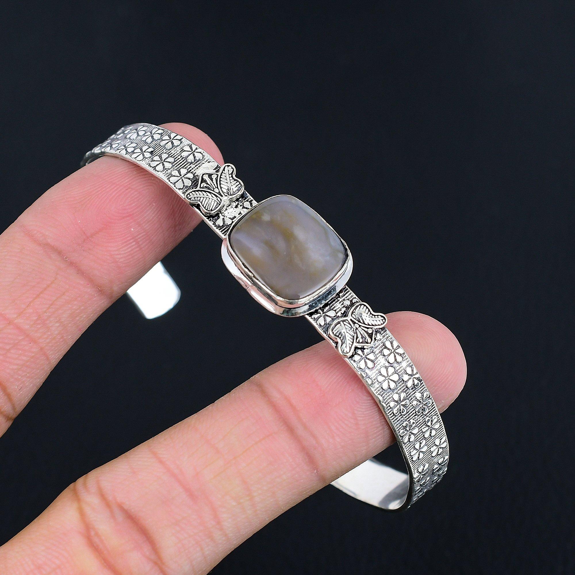 Natural Tube Agate Gemstone 925 Sterling Silver Bangle Adjustable For Girls