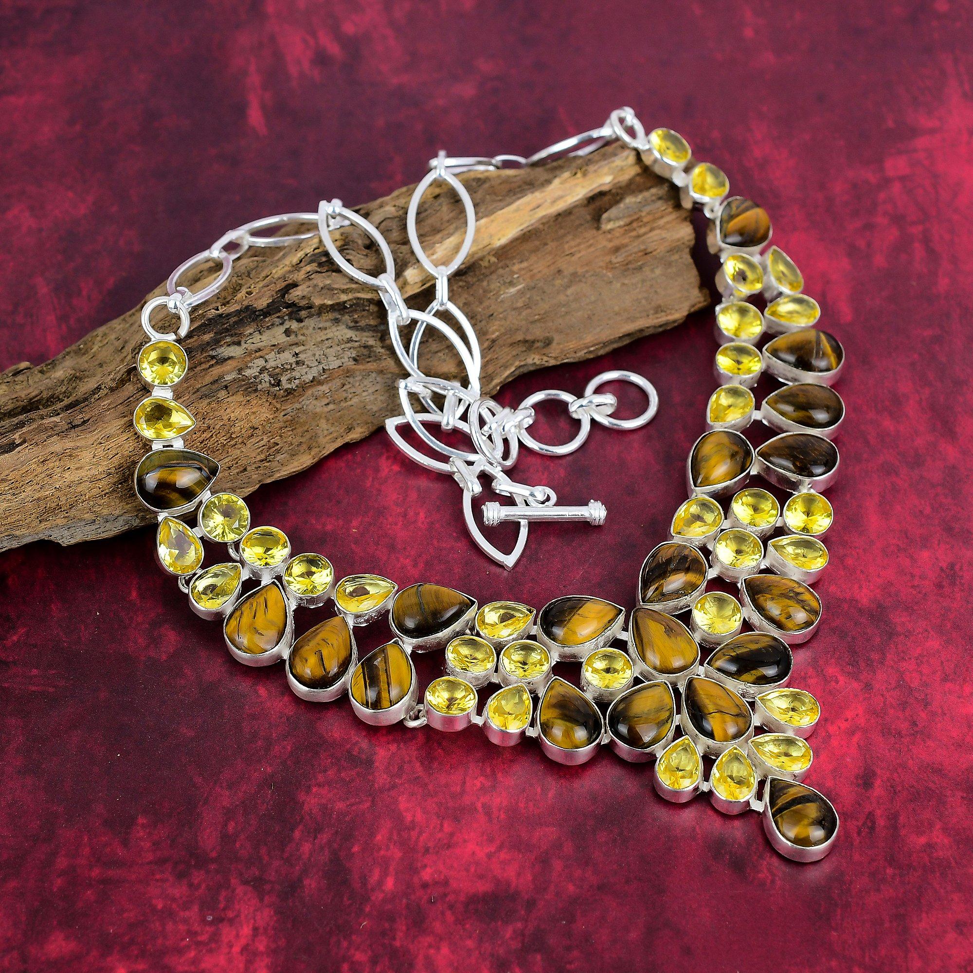 Tiger's Eye, Citrine Necklace, 925 Solid Sterling Silver Gemstone Jewelry, Handmade Necklace, For Thanksgiving