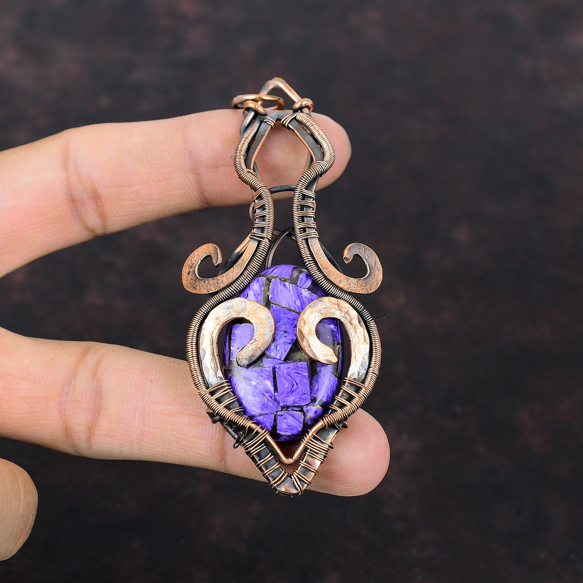 Copper Charoite Pendant Copper Wire Wrapped Gemstone Jewelry Handmade Boho Pendant Antique Copper Pendant Gift For Him Wire Wrapped Pendant
