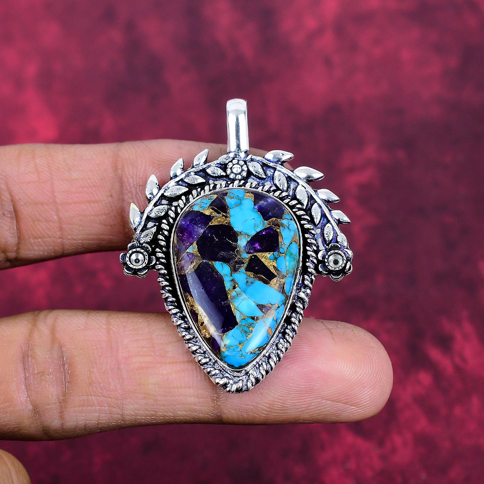 Kupfer Amethyst Türkis Schmuck, 925 Massiv Sterlingsilber Anhänger Handgefertigter Edelsteinschmuck, Geschenke für Ehefrau Brandneuer Anhänger