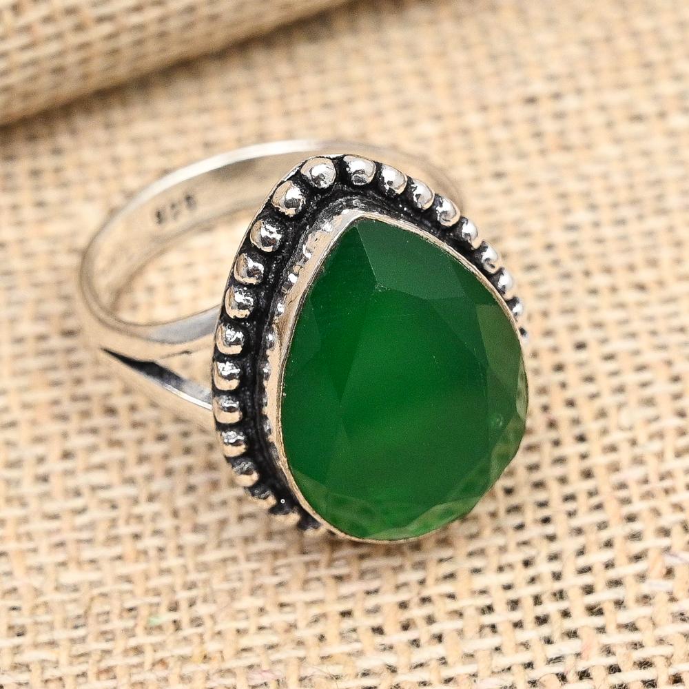 Faceted Green Onyx Gemstone Handmade Solid 925 Sterling Silver Ring Jewelry