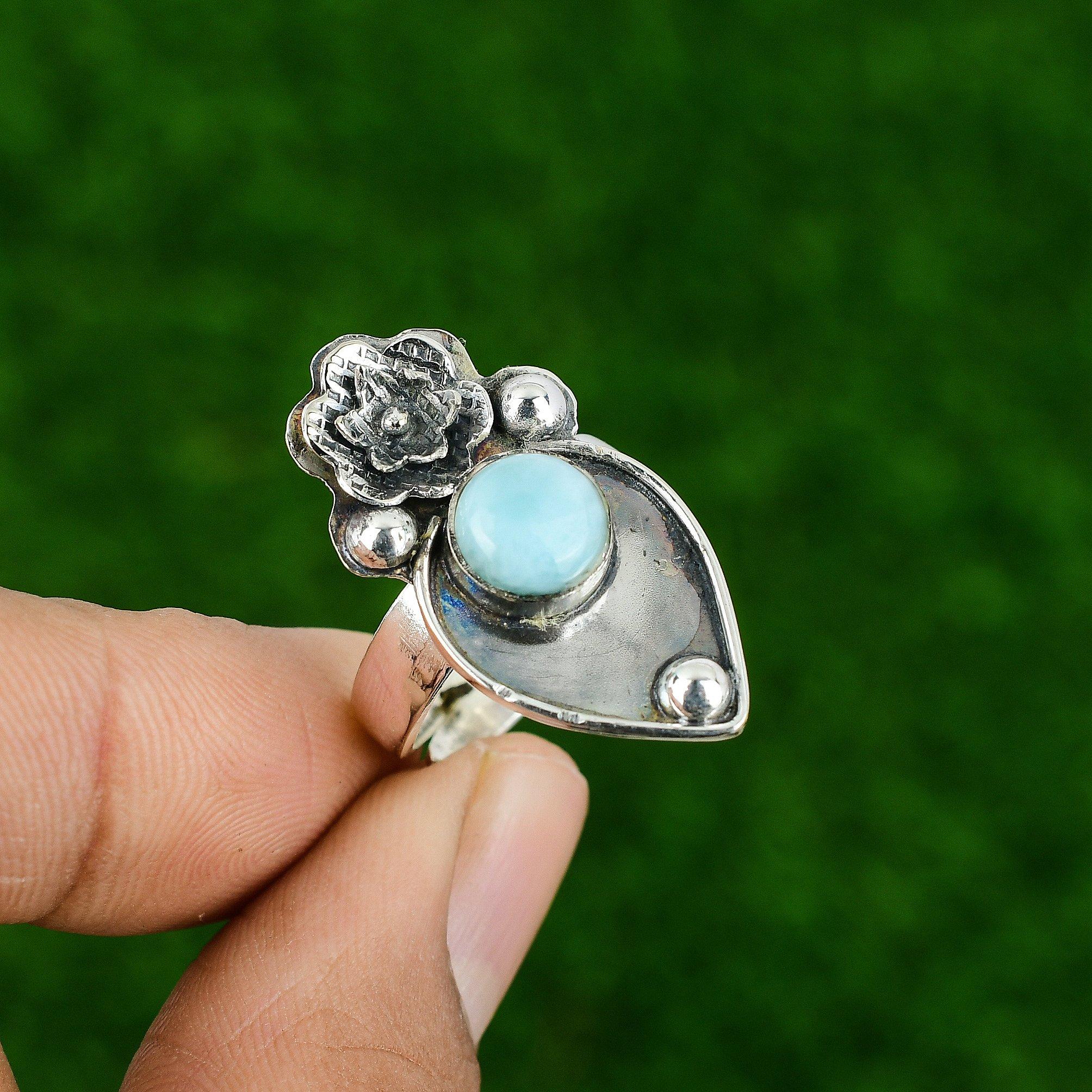 Gift For Her Natural Larimar Stackable Flower Adjustable Ring 925 Silver