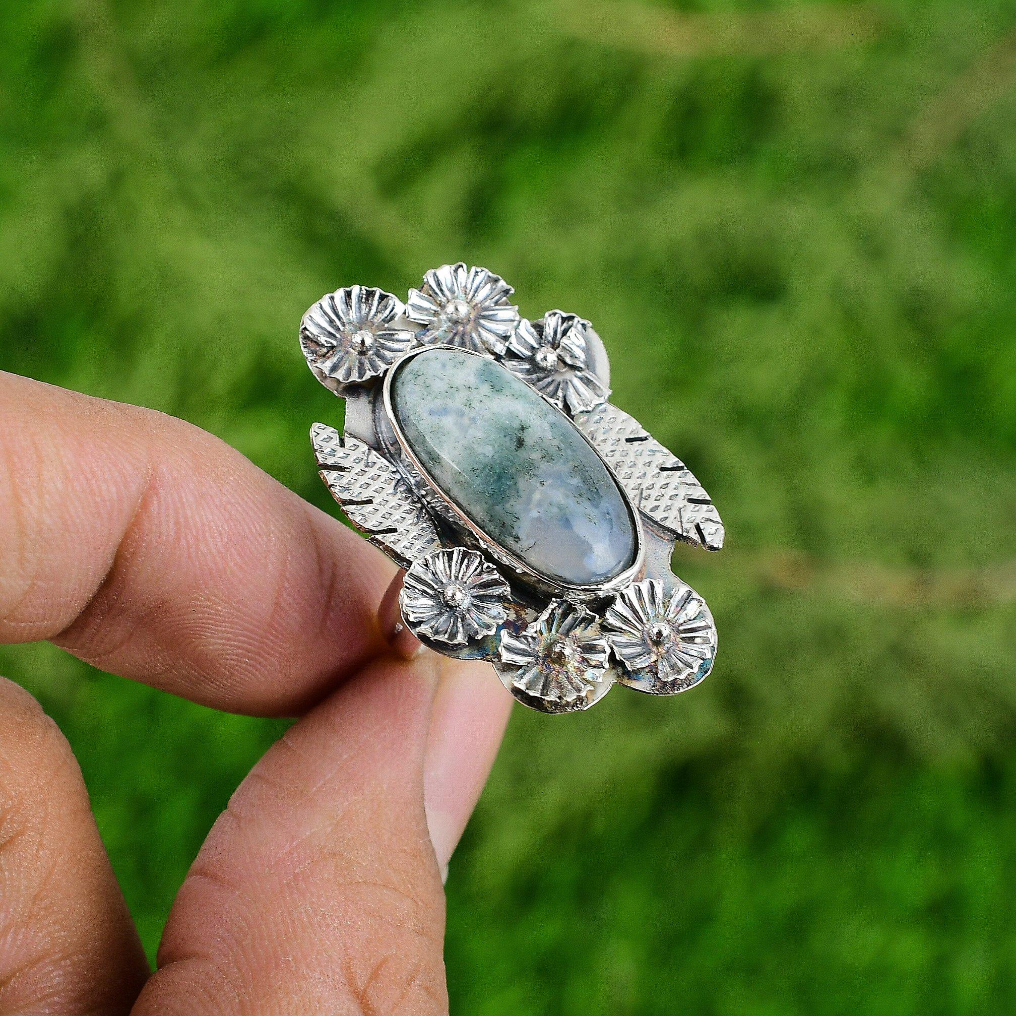 925 Silver Natural Solar Moss Agate Stackable Flower Adjustable Ring