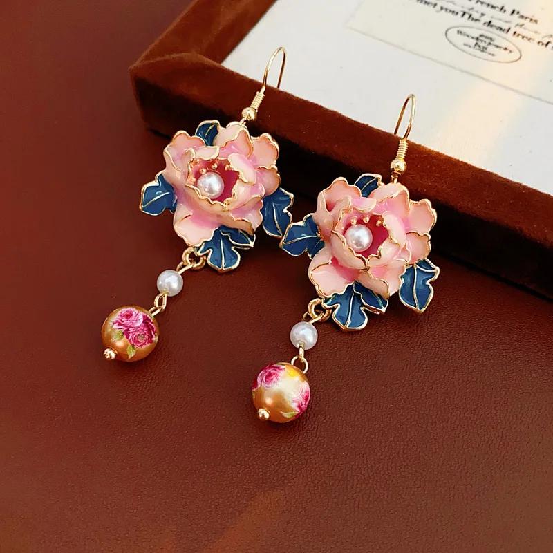 Boucles d'oreilles pendantes vintage fleur dégoulinante perle simulée pompon bijoux pour femmes