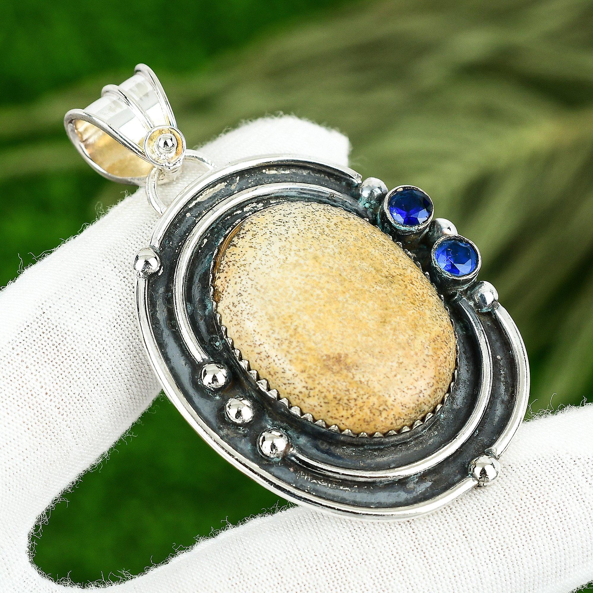 Sisters Day Deal Natural Picture Jasper Blue Topaz 925 Sterling Silver Pendant