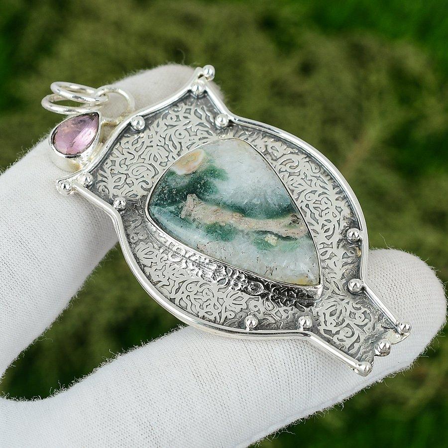 Friendship Day Sale Natural Tree Agate Pink Topaz Pendant 925 Sterling Silver