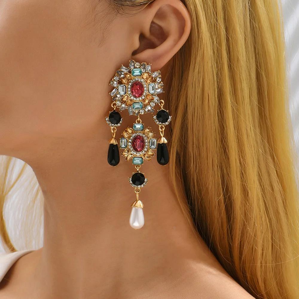 Vintage Rhinestone Simulated Pearl Bride Wedding Party Jewelry Tassel Dangle Earrings for Women