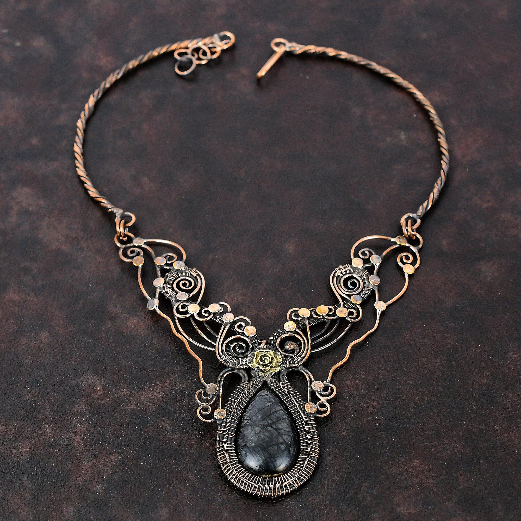 Collier Jaspe Picasso Collier Enveloppé de Fil de Cuivre Collier Réglable Bijoux en Fil de Cuivre Collier de Pierre Précieuse Cadeau de Mariage Bijoux Faits Main