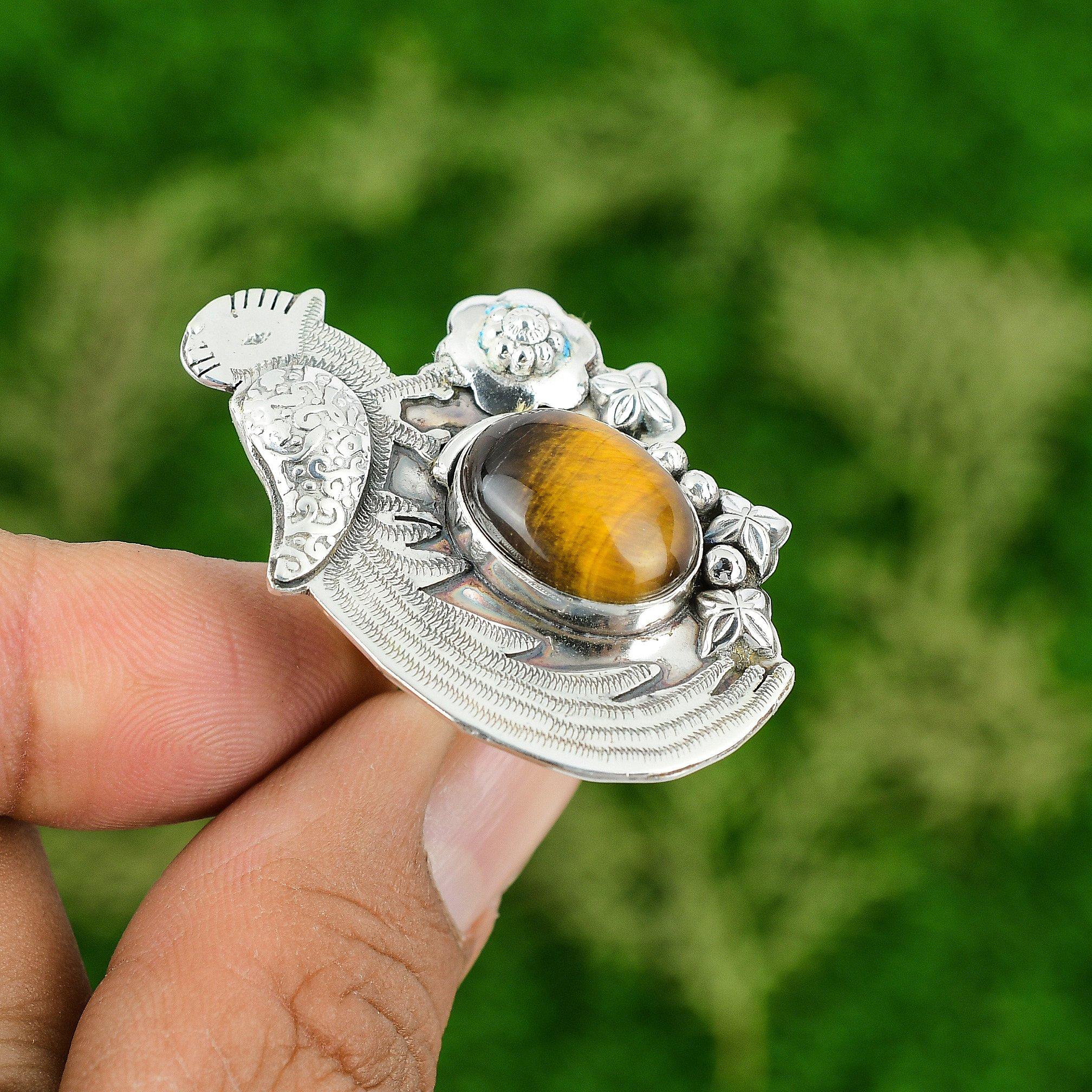 Natural TigerS Eye Gemstone 925 Silver Promise Bird Adjustable Ring For Girls