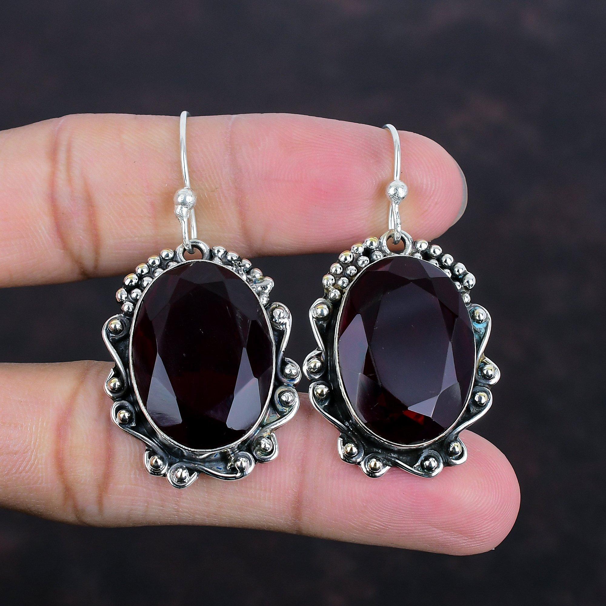 Faceted Mozambique Garnet Earring Genuine Gemstone Earrings 925 Sterling Silver Earring Handmade Jewelry Unique Drop Earring Gifts For Women