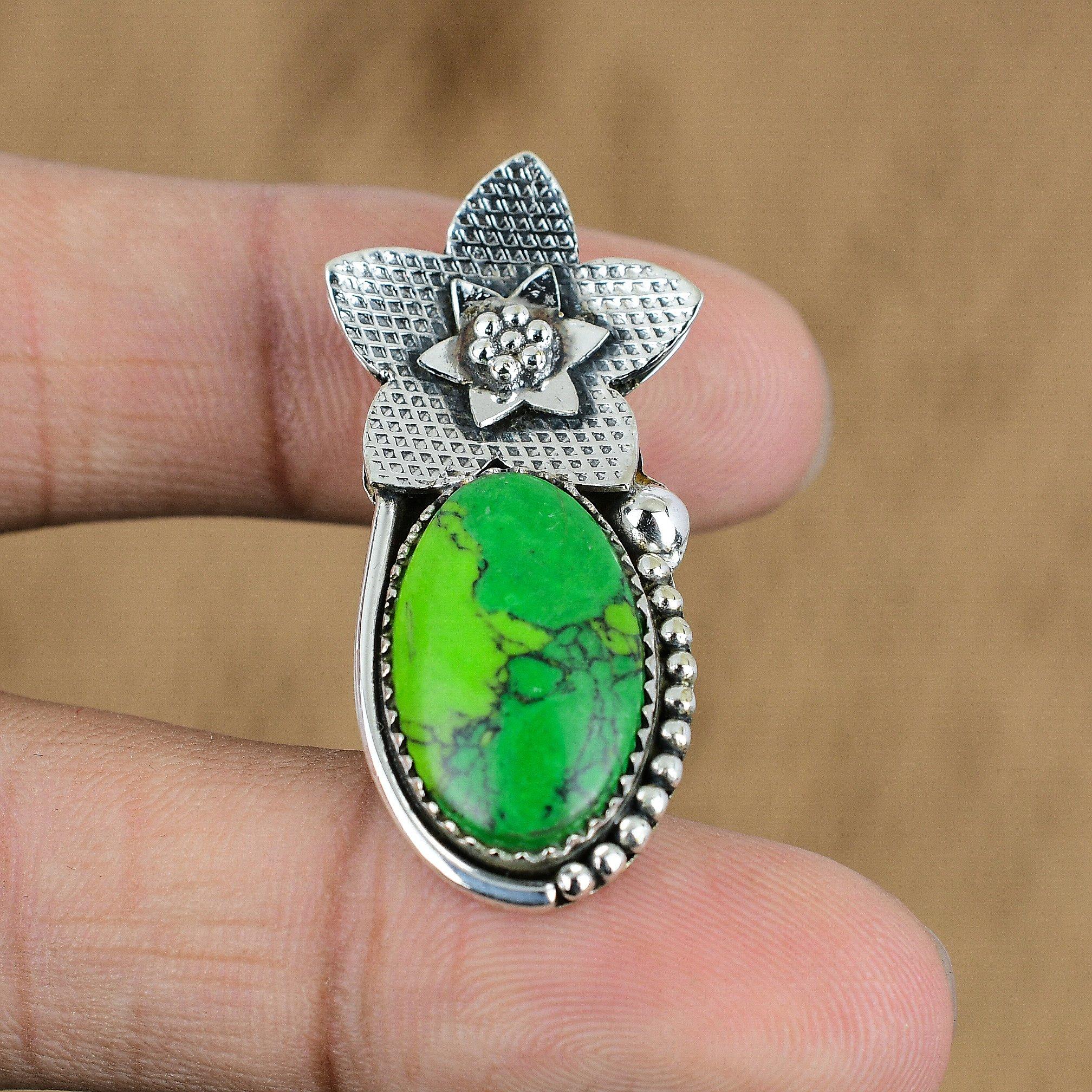 Anniversary Gift For Her Natural Green Turquoise Pendant Flower 925 Silver
