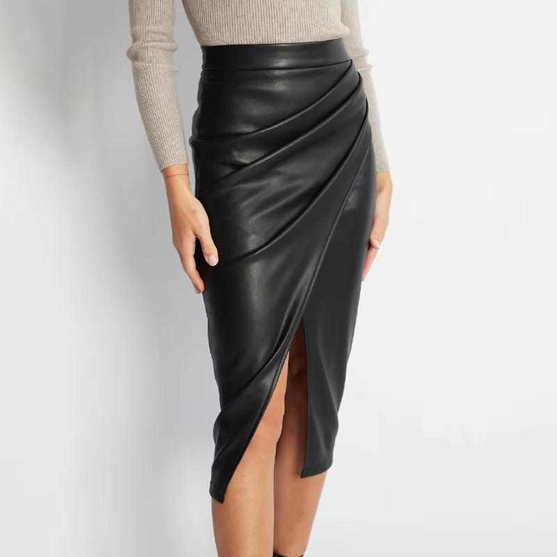 Falda de cuero para mujer, cintura alta, elegante, con cremallera, PU, abertura frontal, color negro, doblada