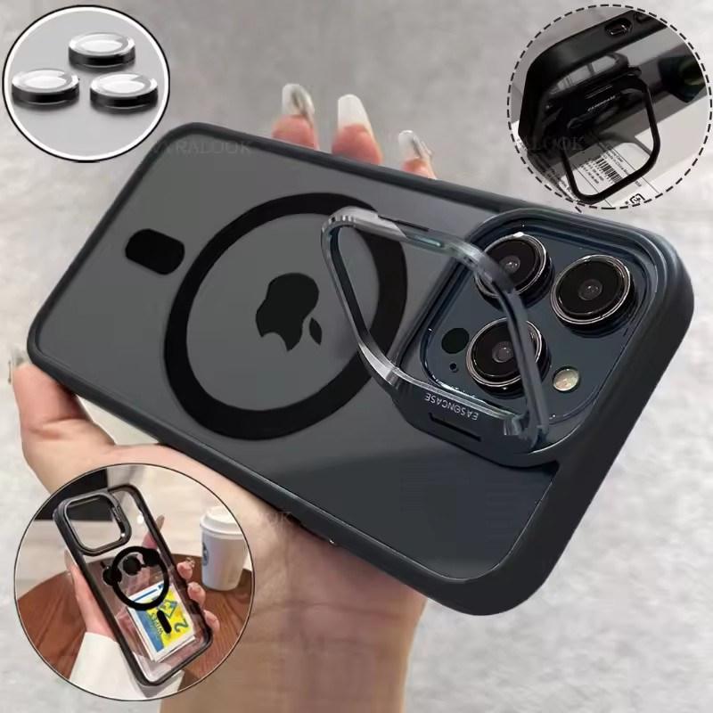 Metal Holder Phone Case For iPhone 17 16 15 14 13 12 11 Pro Max Plus Air For Magsafe Transparent Magnetic Lens Protection Cover