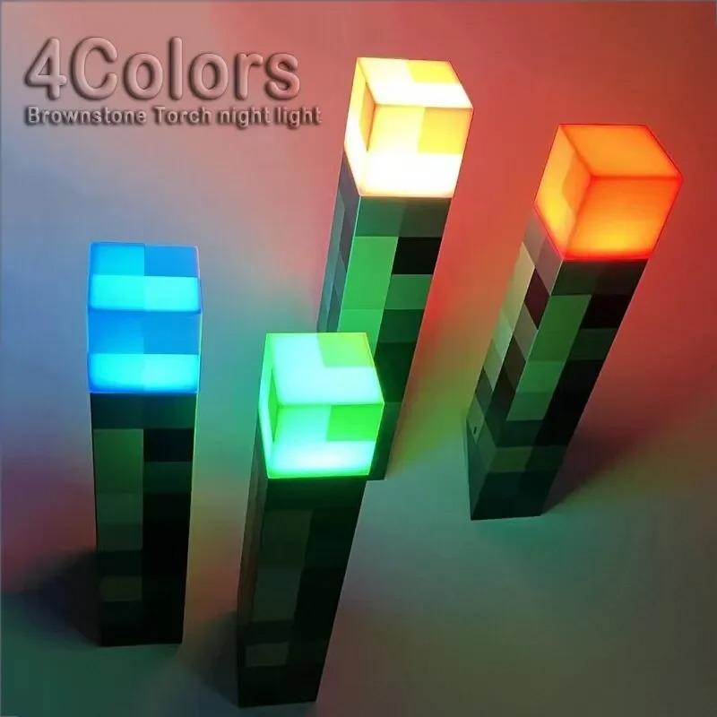 MC Game Brownstone Torch Lamp Figure 4Colors LED Night Light Bedroom Decorative Table Lamp USB Charging with Buckle Kids Toy Gif