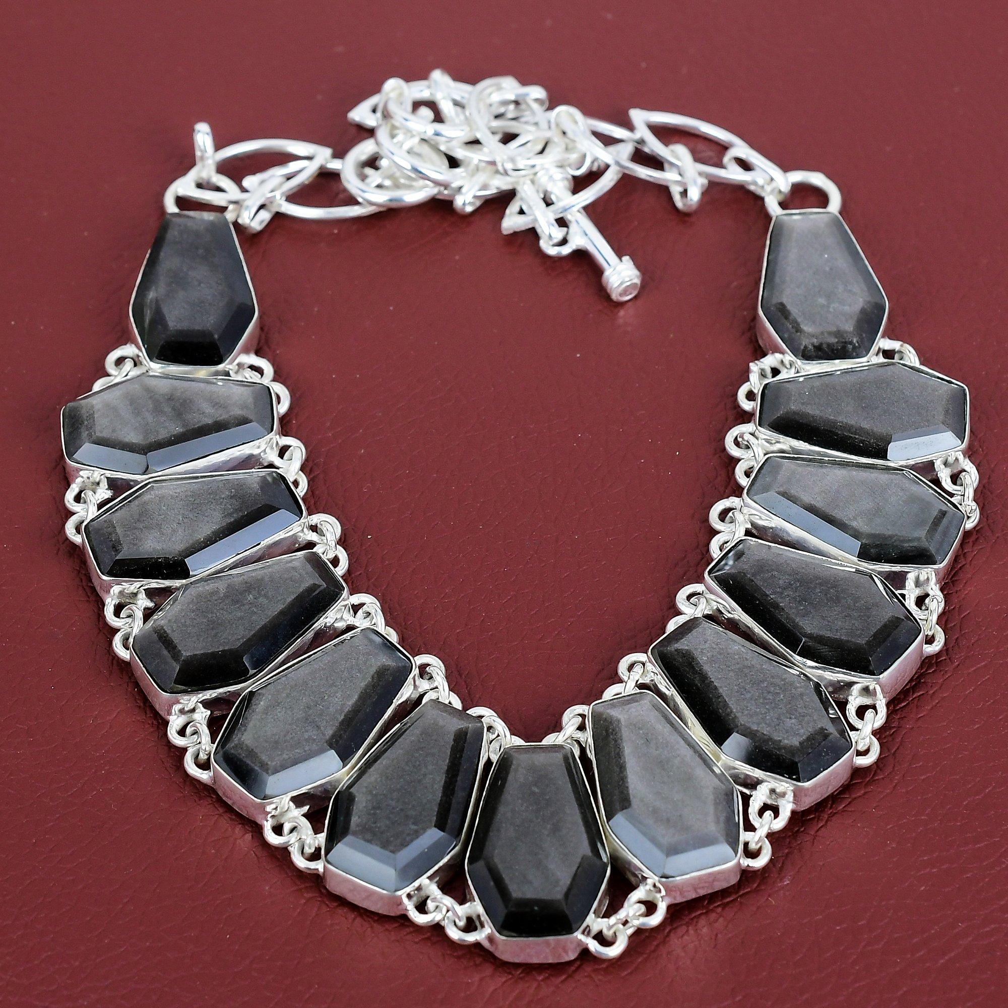 Faceted Silver Sheen Obsidian Necklace 925 Sterling Silver Necklace Adjustable Chain Necklace Handmade Jewelry Gemstone Necklace for Gifts