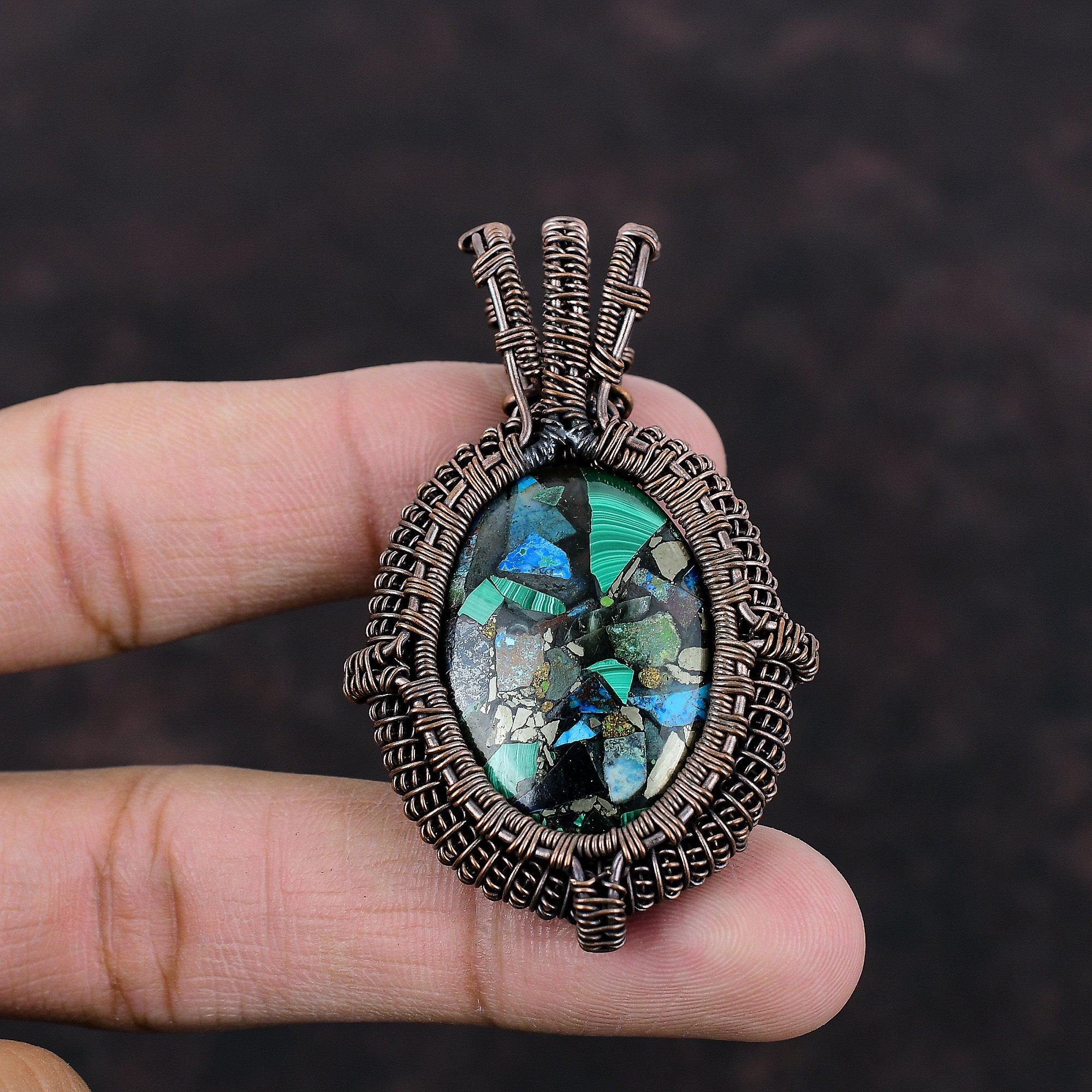 Copper Azurite Malachite Pendant Copper Wire Wrapped Gemstone Pendant Handmade Copper Jewelry Brand New Pendant Wire Wrap Jewelry For Gift