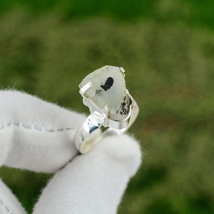 Gift For Her 925 Silver Natural Rainbow Moonstone Statement Ring Size 7.5