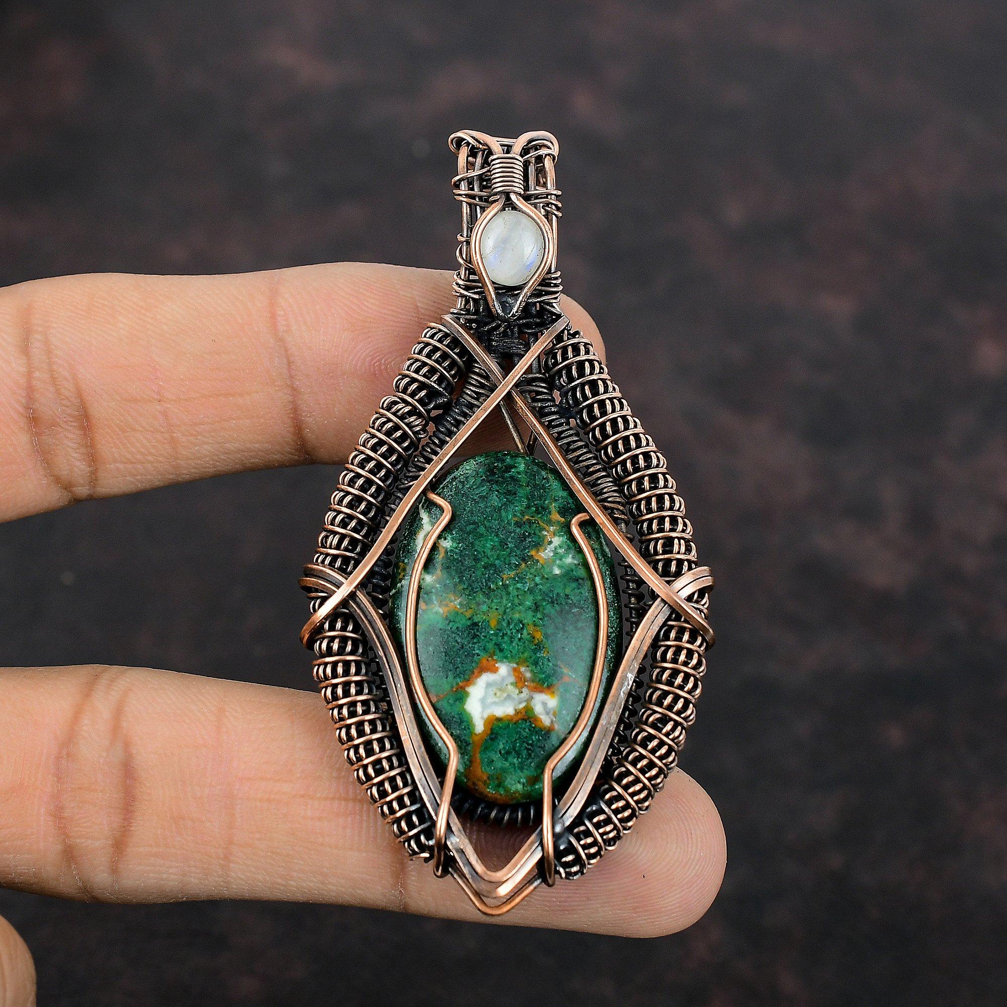 Cuprite Chrysocolla Pendant Gemstone Pendant Copper Wire Wrapped Pendant Copper Jewelry Handmade Pendant Rainbow Moonstone Pendant For Gift