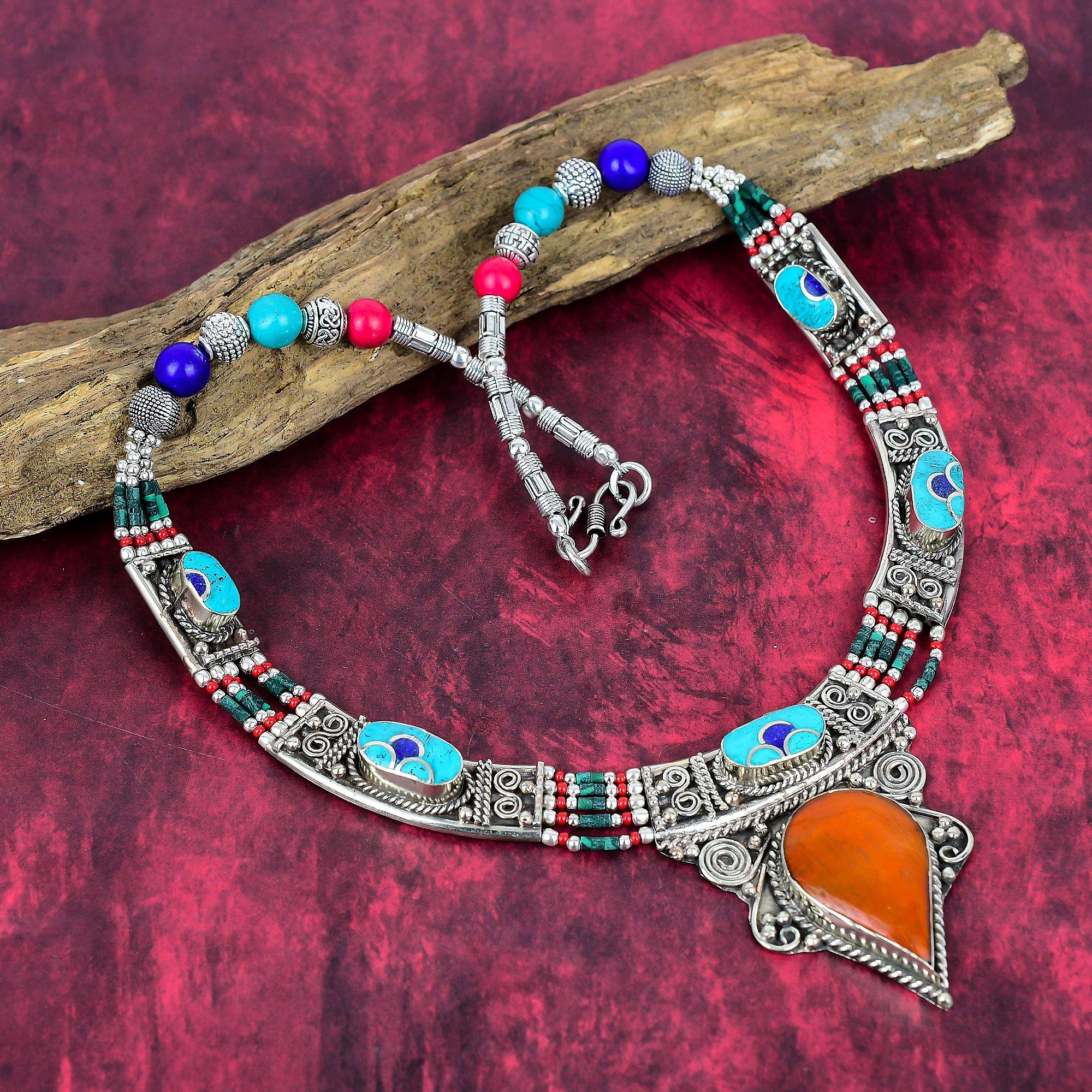 Turquoise, Coral Necklace, Gemstone 925 Solid Sterling Silver Jewelry Necklace, Handmade Jewelry Birthstone Nepali Necklace