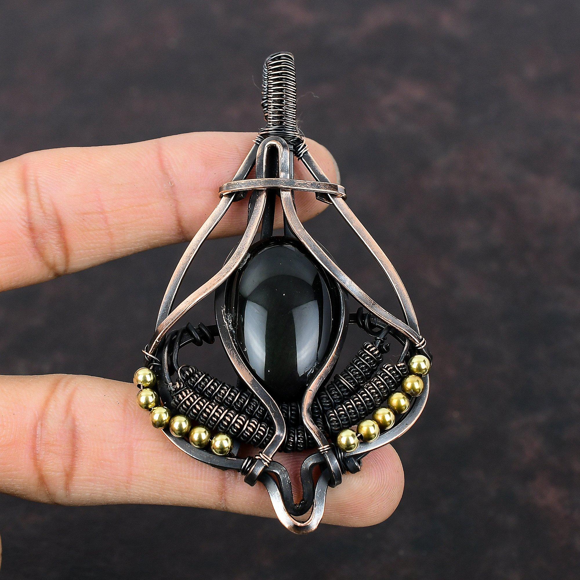 Black Obsidian Pendant Copper Wire Wrapped Gemstone Pendant Handmade Pendant Copper Jewelry Unique Style Pendant Wire Wrap Jewelry For Gift