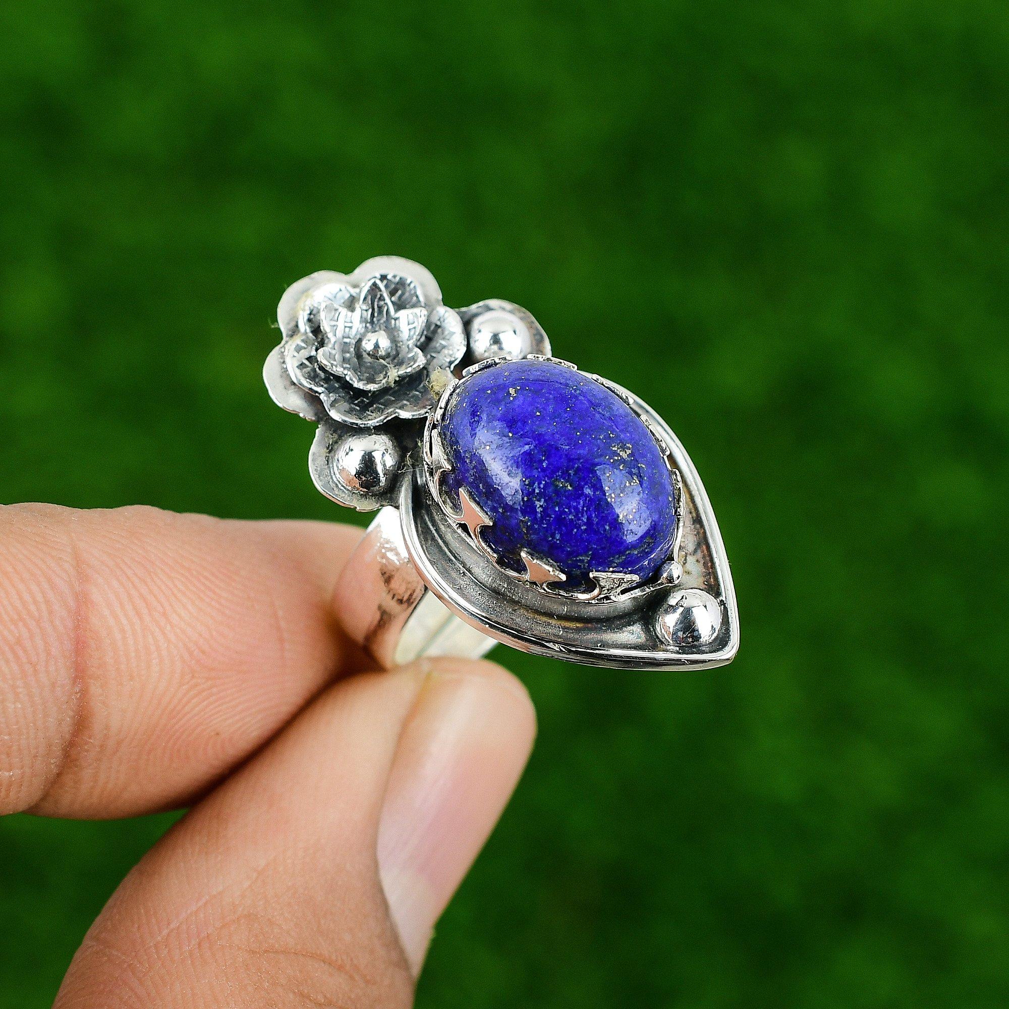 Gift For Women Promise Flower Adjustable Ring 925 Silver Natural Lapis Lazuli