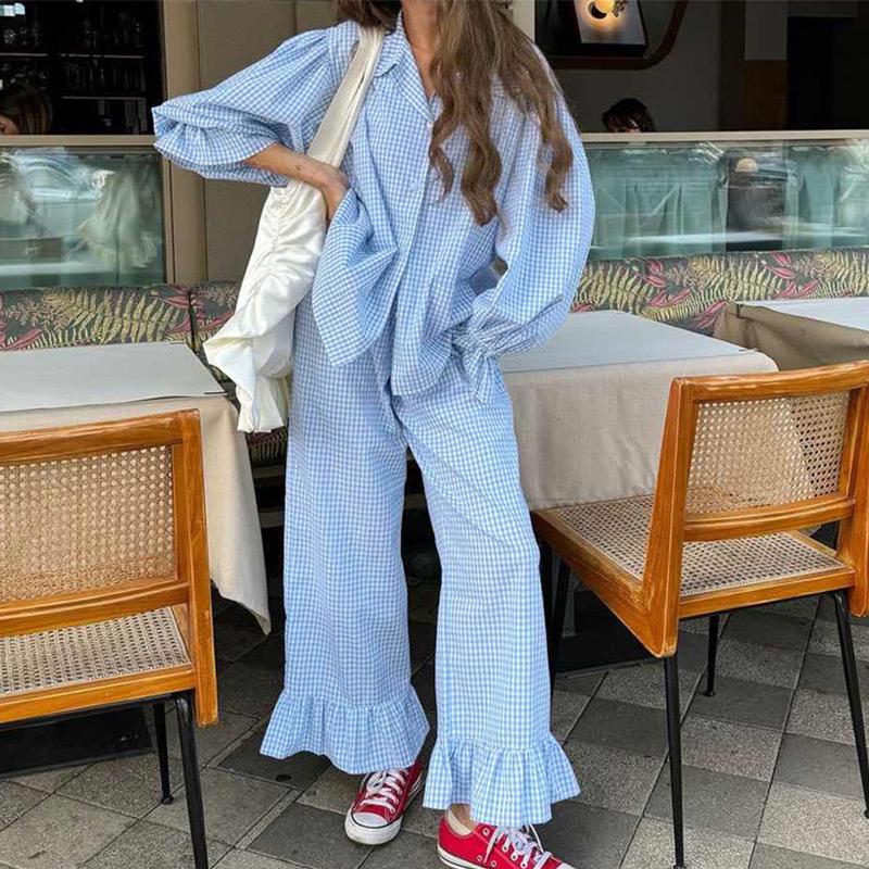Casual Checkered Shirt and Pants Set Women's Turndown Collar Flared Sleeve Shirt Ruffled Hem Pants 2-piece Set 2025 Spring/Summer New Fashion