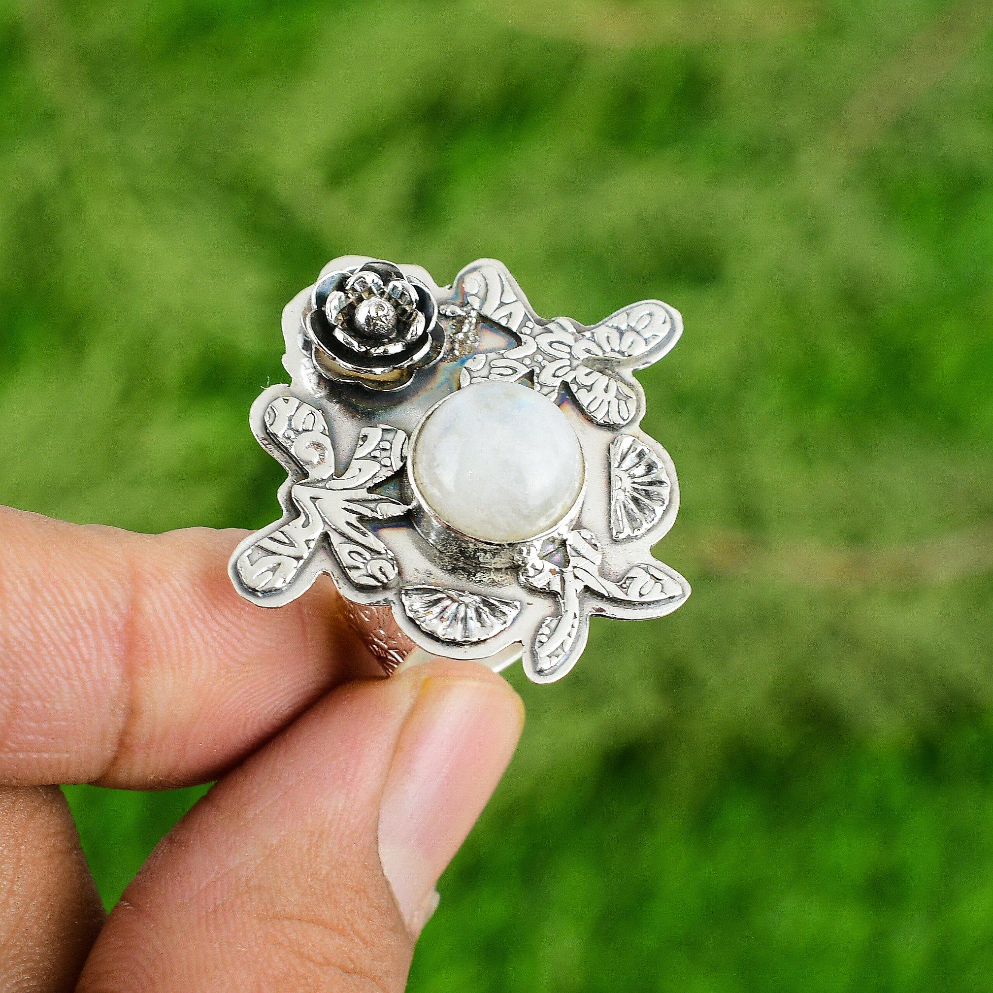 Gift For Her 925 Silver Natural Rainbow Moonstone Promise Flower Adjustable Ring