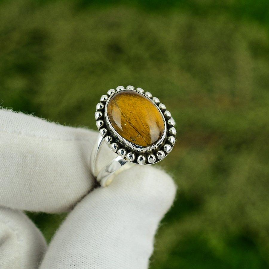 Gift For Her 925 Sterling Silver Natural Tiger Eye Gemstone Promise Ring Size 7
