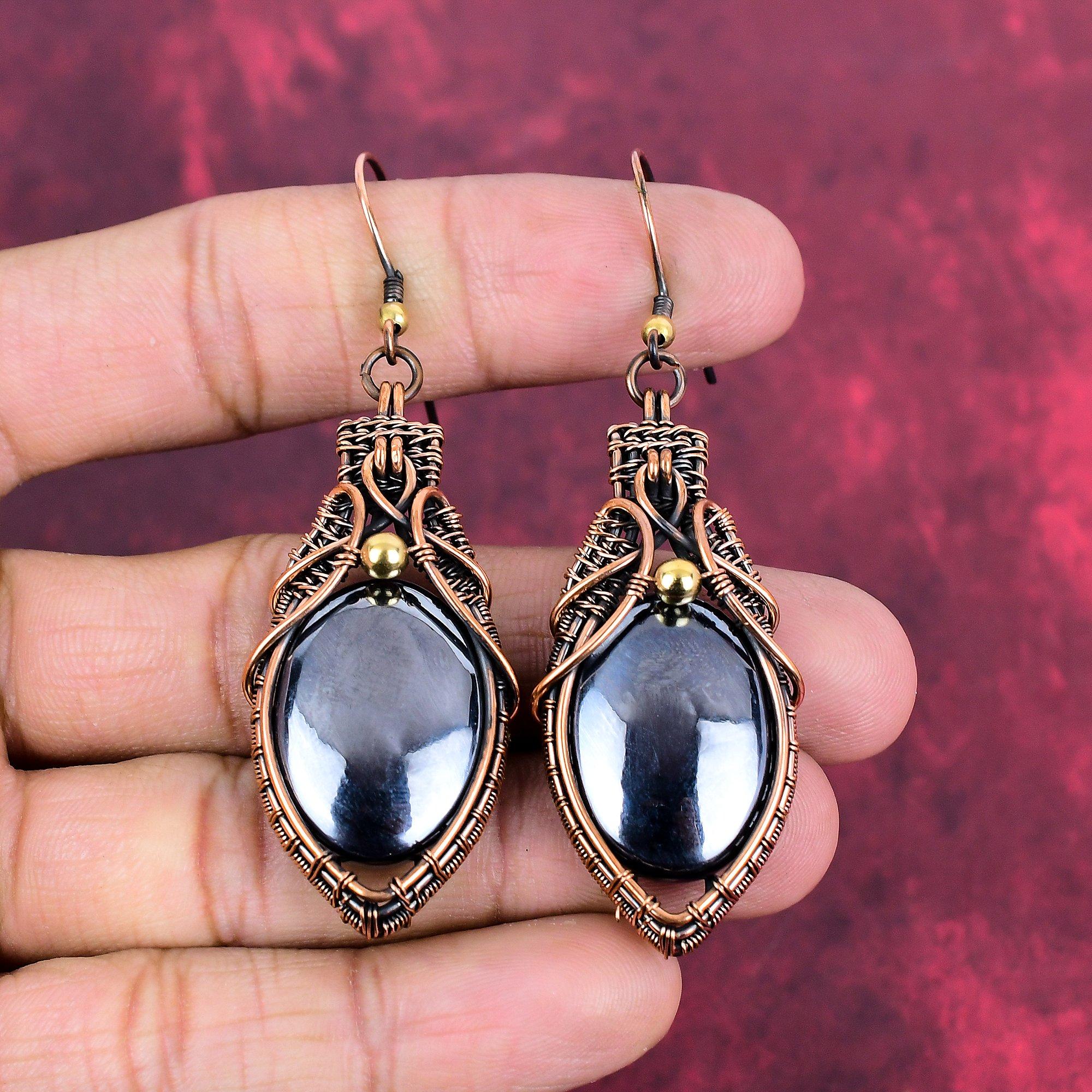 Shungite Earring Copper Wire Wrapped Earring Original Gemstone Earring Handmade Earrings Wire Wrapped Jewelry Gifts For Wife Dangle Earrings