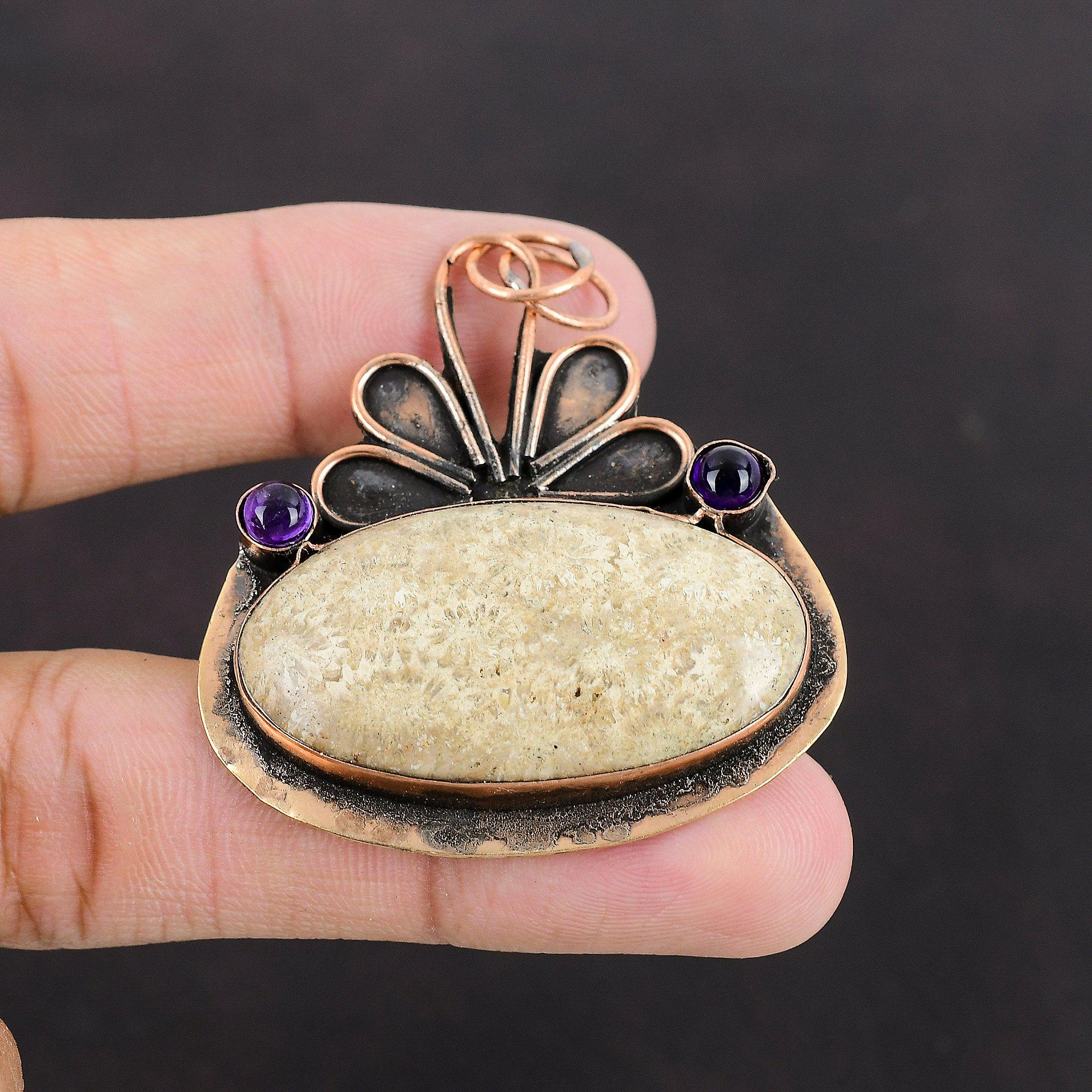 Fossil Coral Pendant African Amethyst Pendant Copper Pendant Excellent Quality Gemstone Pendant Copper Jewelry Handmade Modern Style Pendant